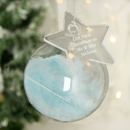 Personalised Free Text Blue Feather Glass Bauble With Star Tag - MK&JD Gifts
