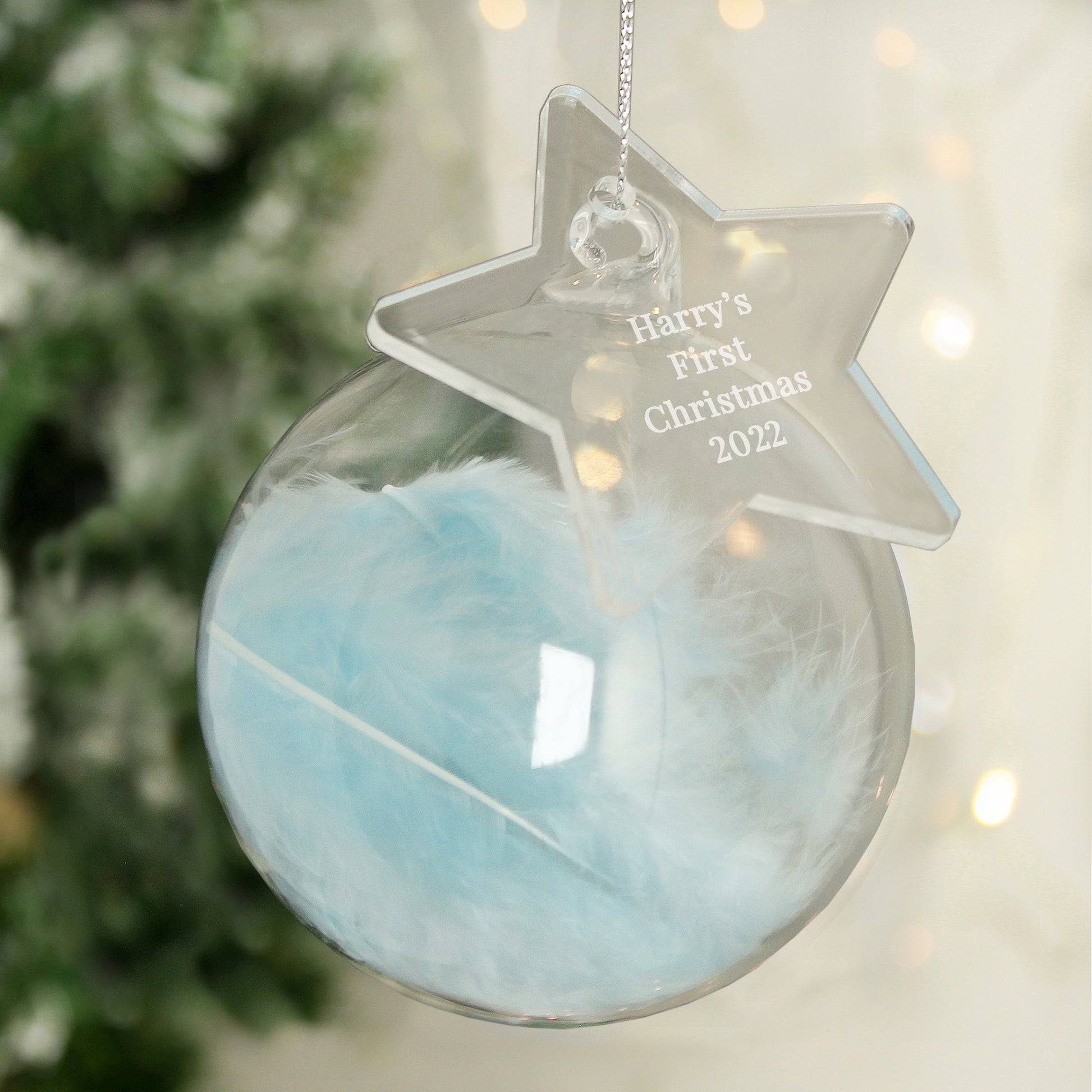 Personalised Free Text Blue Feather Glass Bauble With Star Tag - MK&JD Gifts