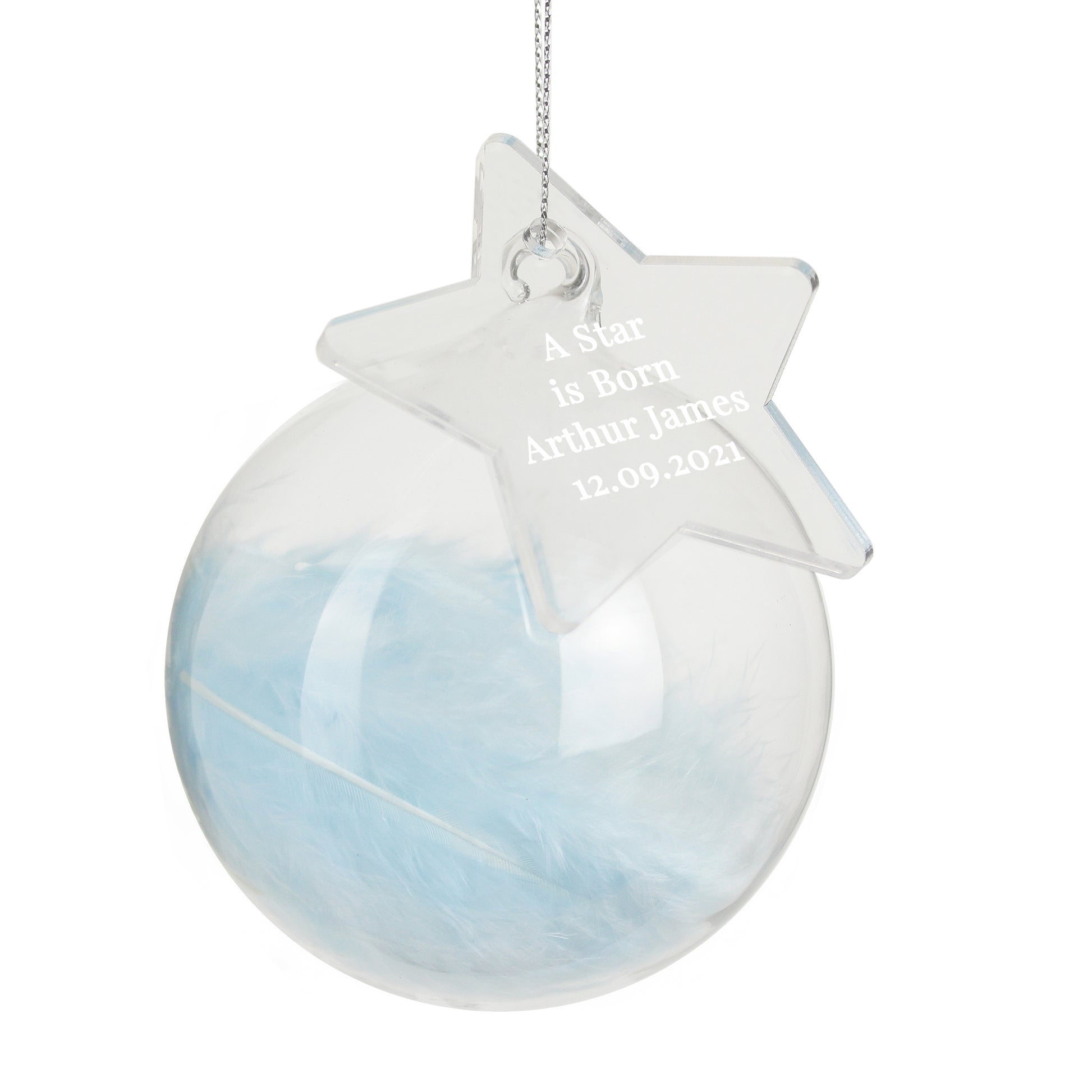 Personalised Free Text Blue Feather Glass Bauble With Star Tag - MK&JD Gifts