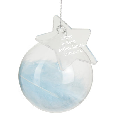 Personalised Free Text Blue Feather Glass Bauble With Star Tag - MK&JD Gifts