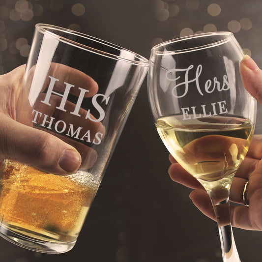 Personalised His & Her Pint and Wine Glass Set - MK&JD Gifts