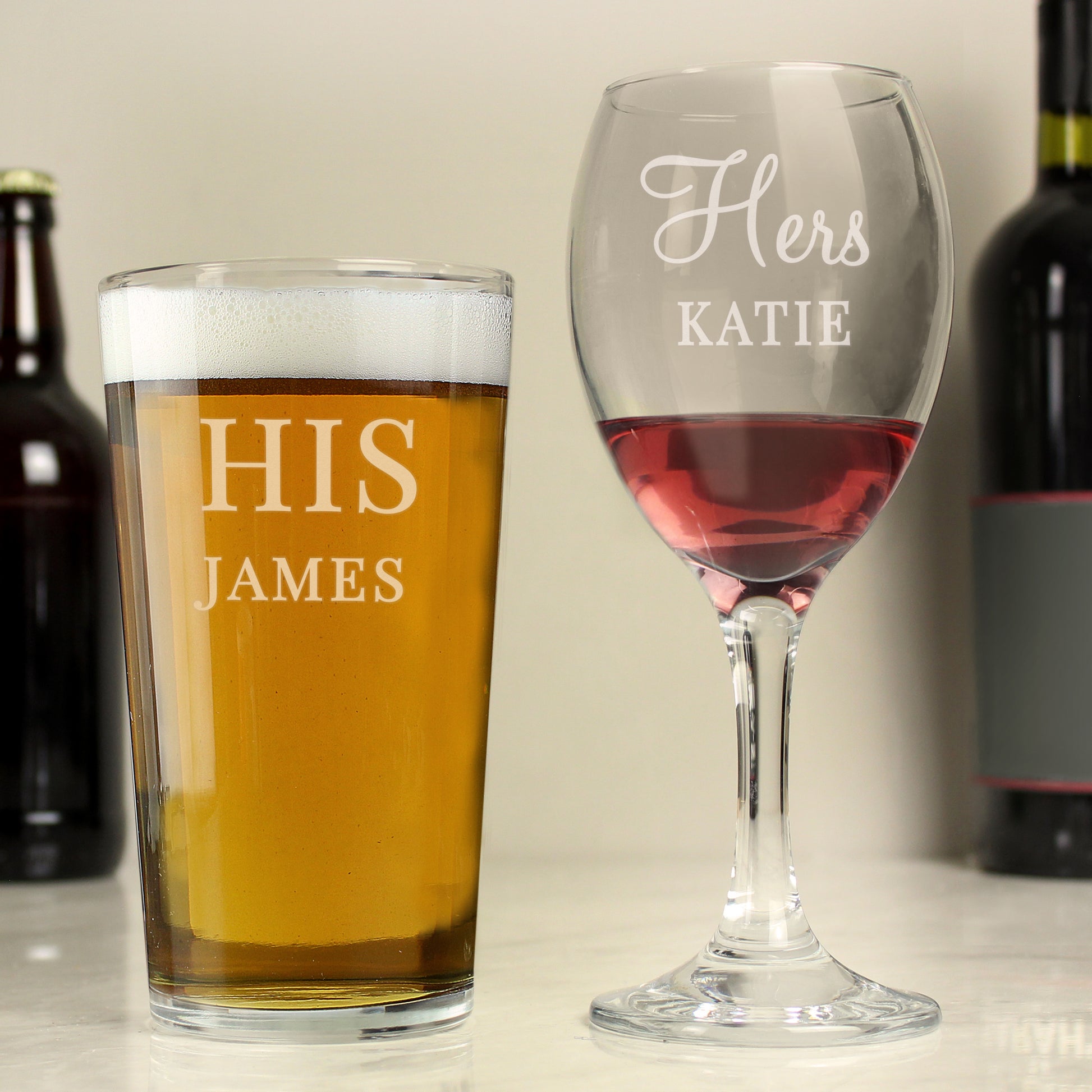 Personalised His & Her Pint and Wine Glass Set - MK&JD Gifts