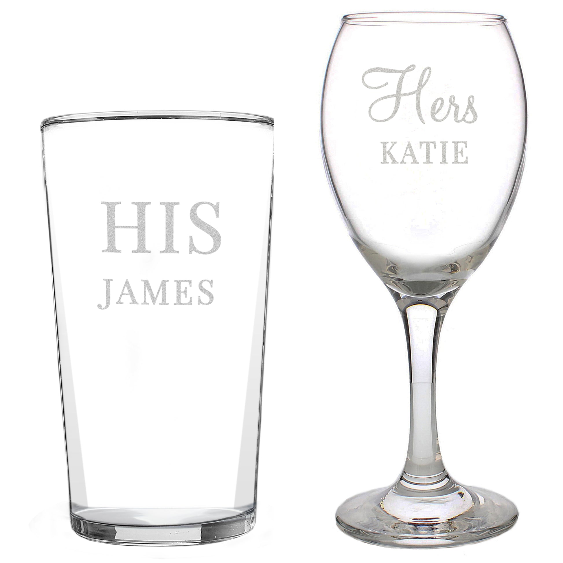 Personalised His & Her Pint and Wine Glass Set - MK&JD Gifts