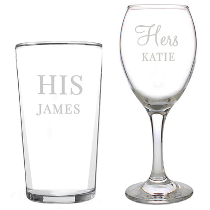 Personalised His & Her Pint and Wine Glass Set - MK&JD Gifts