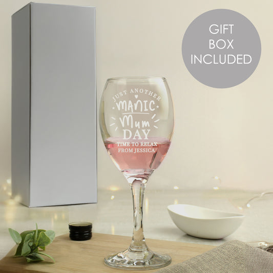 Personalised Manic Mum Day Wine Glass - MK&JD Gifts