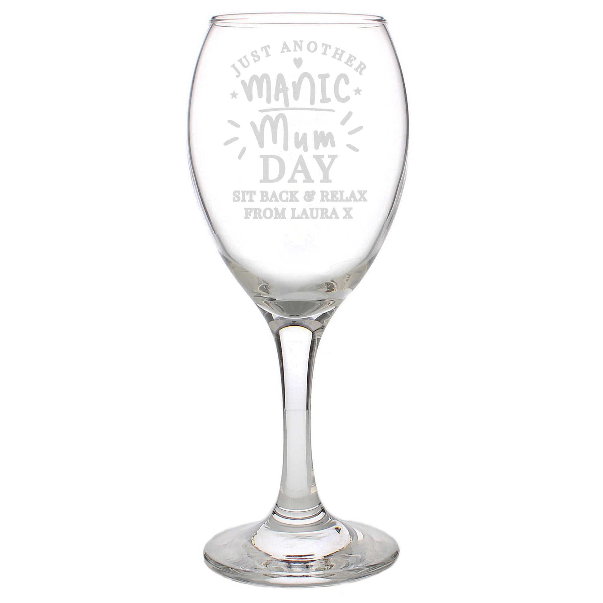 Personalised Manic Mum Day Wine Glass - MK&JD Gifts