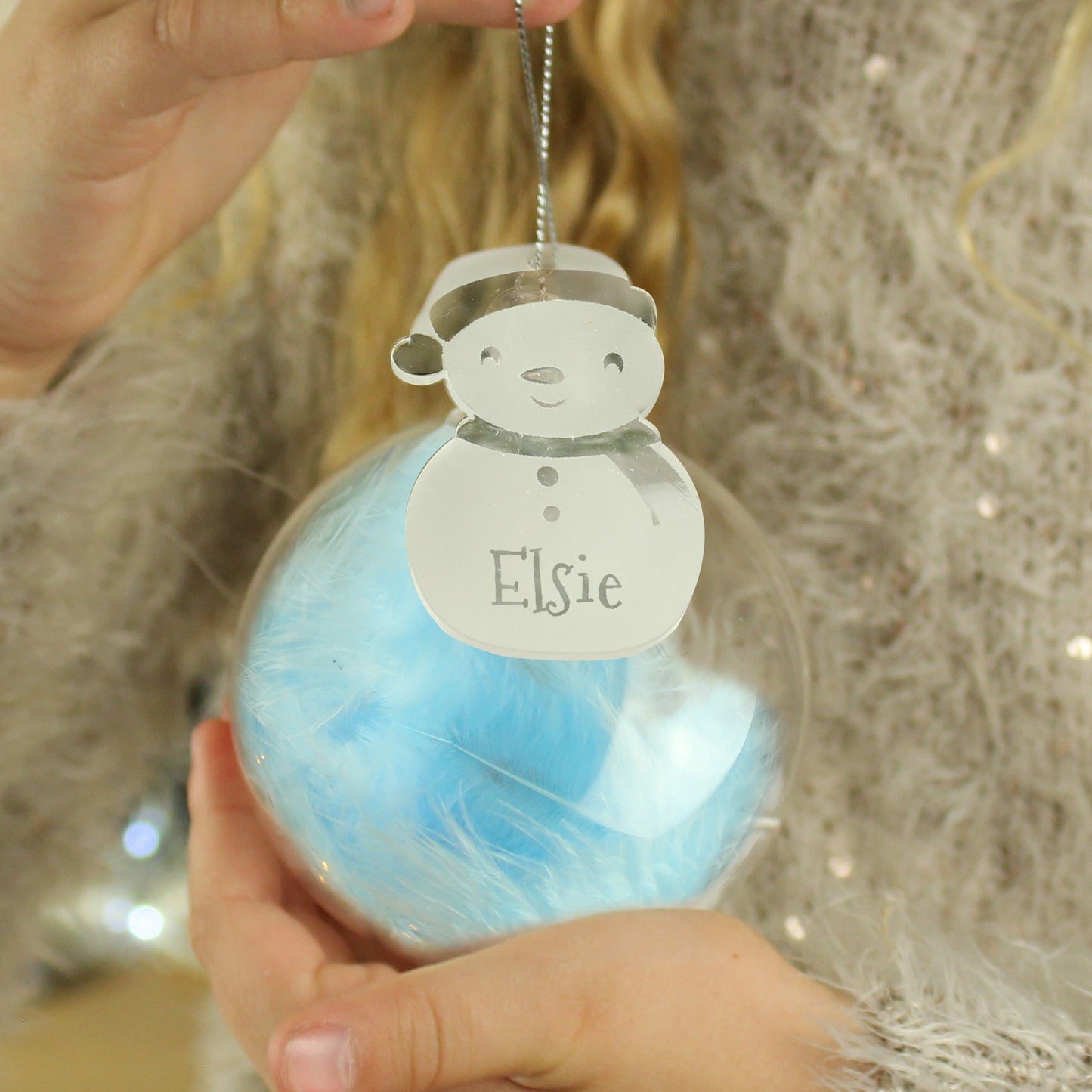 Personalised Snowman Acrylic Blue Feather Bauble - MK&JD Gifts