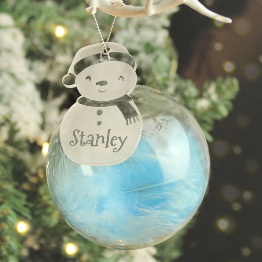 Personalised Snowman Acrylic Blue Feather Bauble - MK&JD Gifts