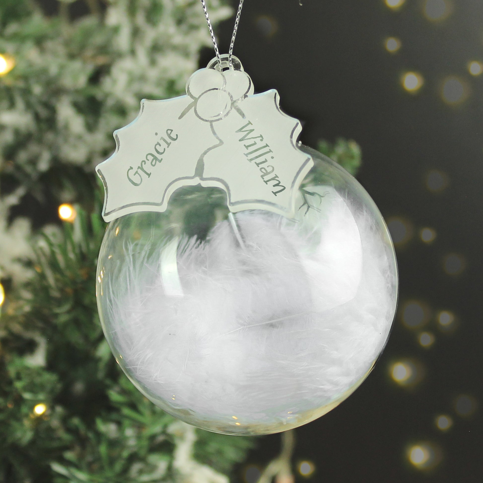 Personalised Holly Acrylic White Feather Bauble - MK&JD Gifts