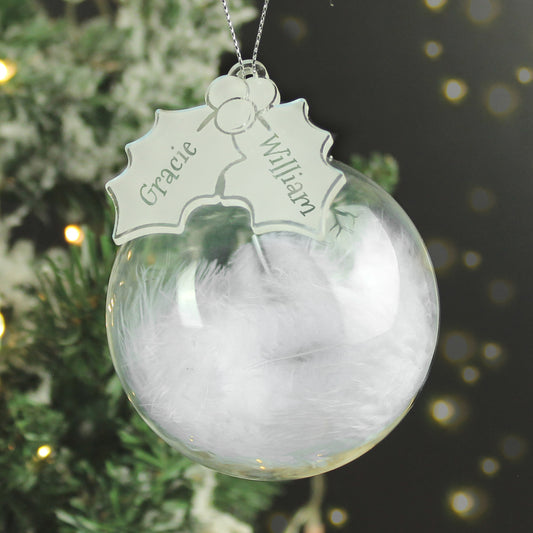 Personalised Holly Acrylic White Feather Bauble - MK&JD Gifts