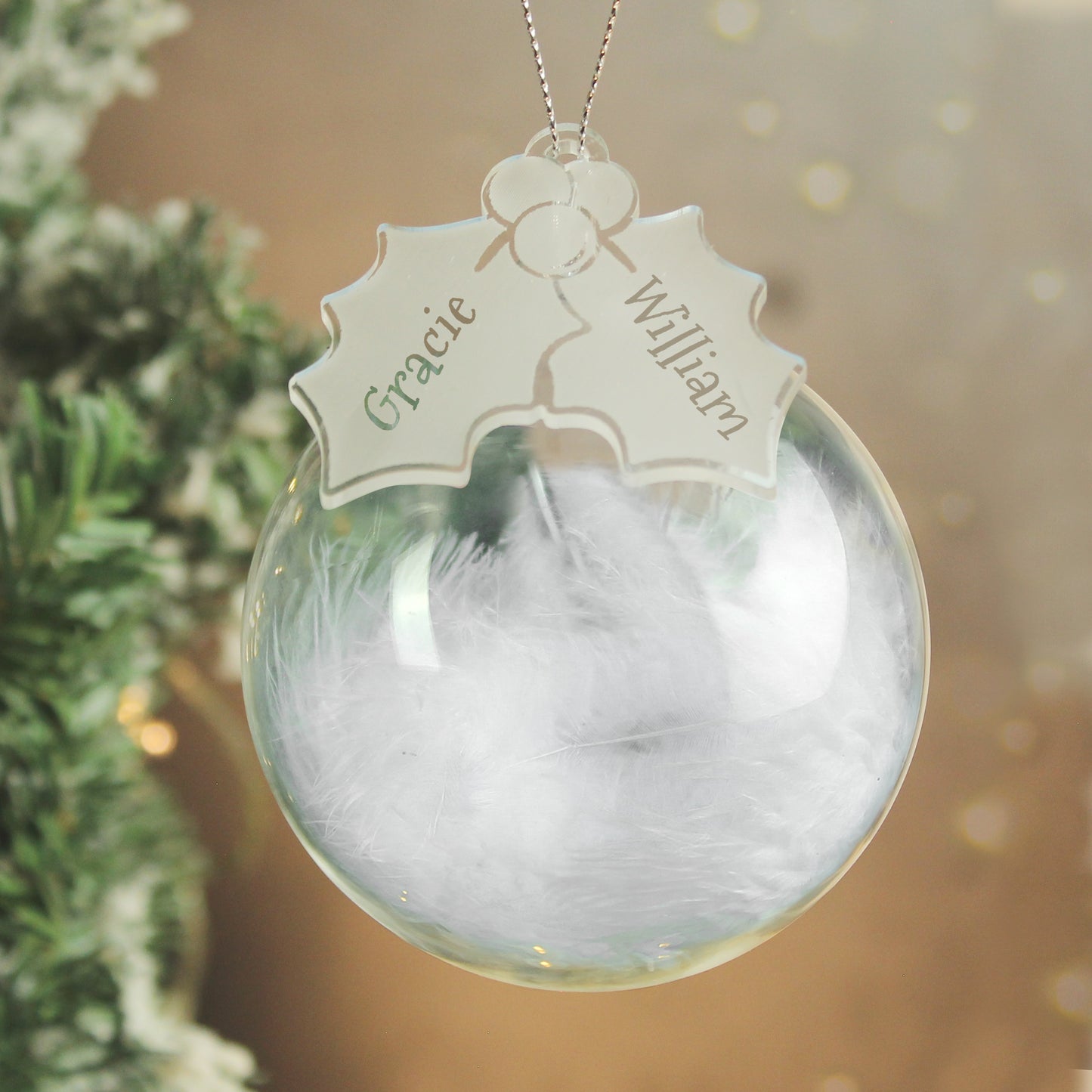Personalised Holly Acrylic White Feather Bauble - MK&JD Gifts