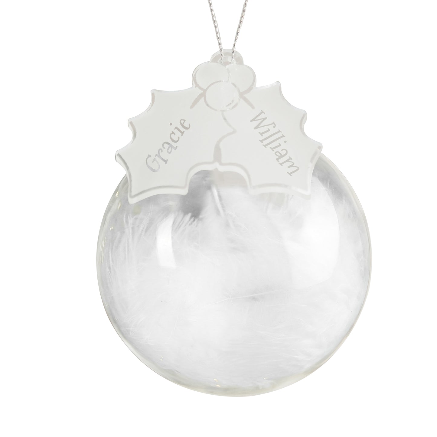 Personalised Holly Acrylic White Feather Bauble - MK&JD Gifts