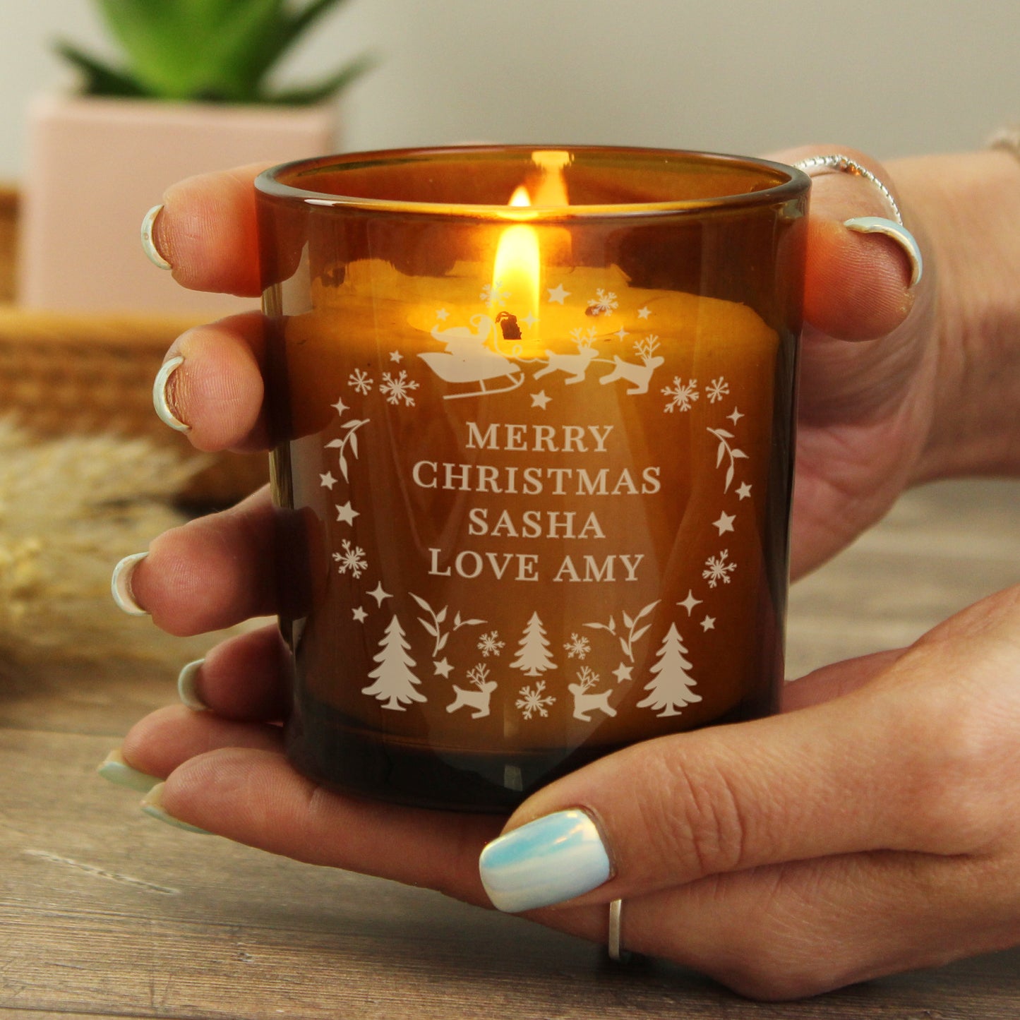 Personalised Engraved Christmas Amber Glass Candle - MK&JD Gifts