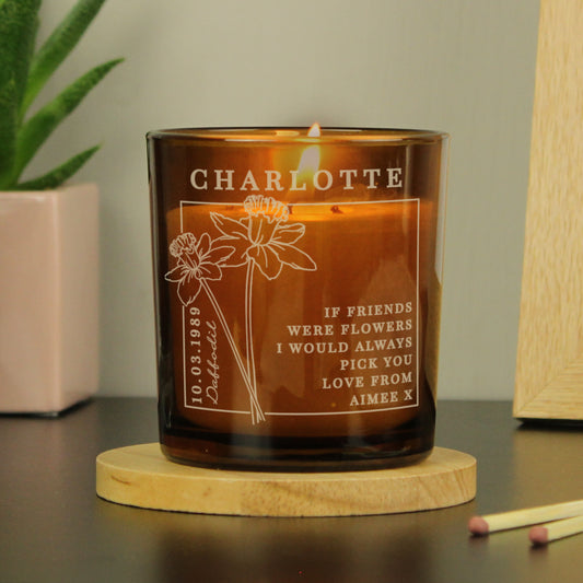 Personalised March Birth Flower Amber Glass Candle - MK&JD Gifts