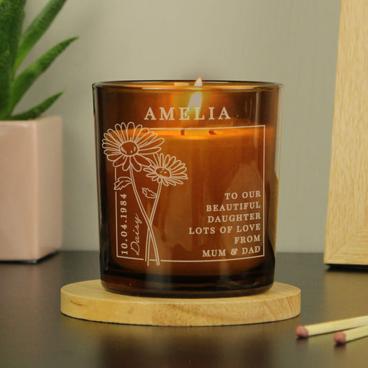 Personalised April Birth Flower Amber Glass Candle - MK&JD Gifts