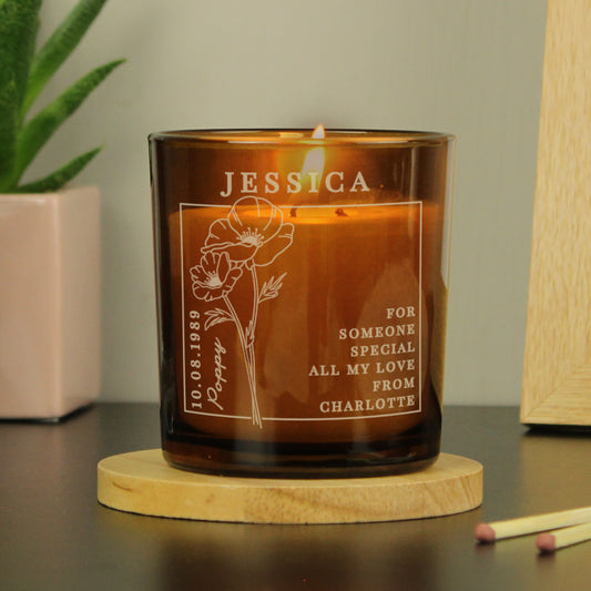 Personalised August Birth Flower Amber Glass Candle - MK&JD Gifts