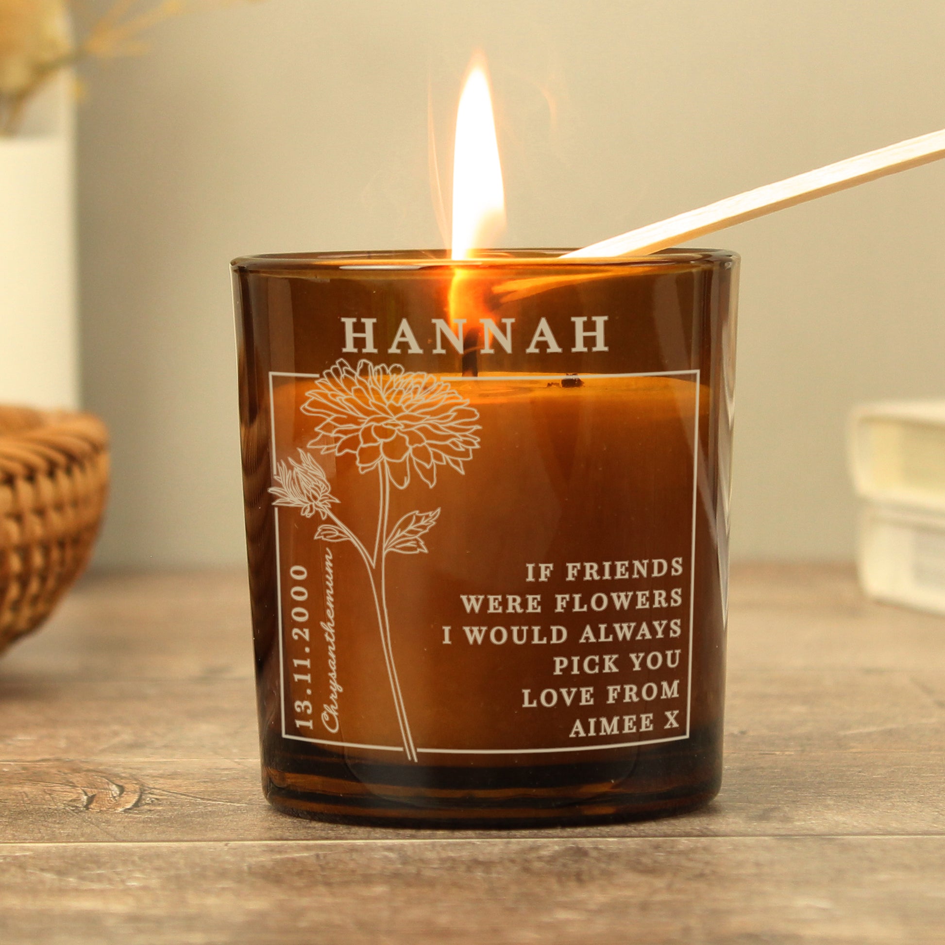 Personalised November Birth Flower Amber Glass Candle - MK&JD Gifts