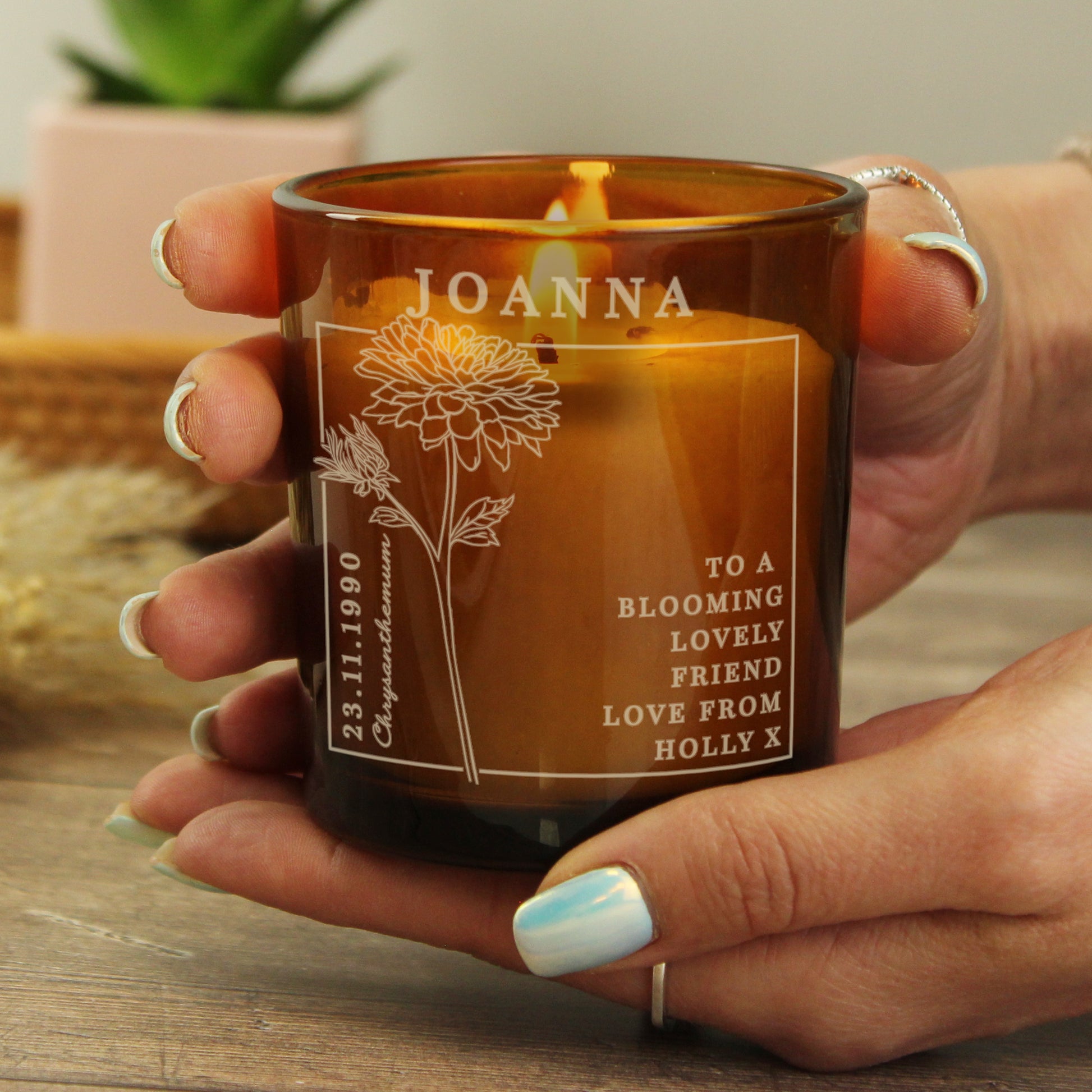 Personalised November Birth Flower Amber Glass Candle - MK&JD Gifts