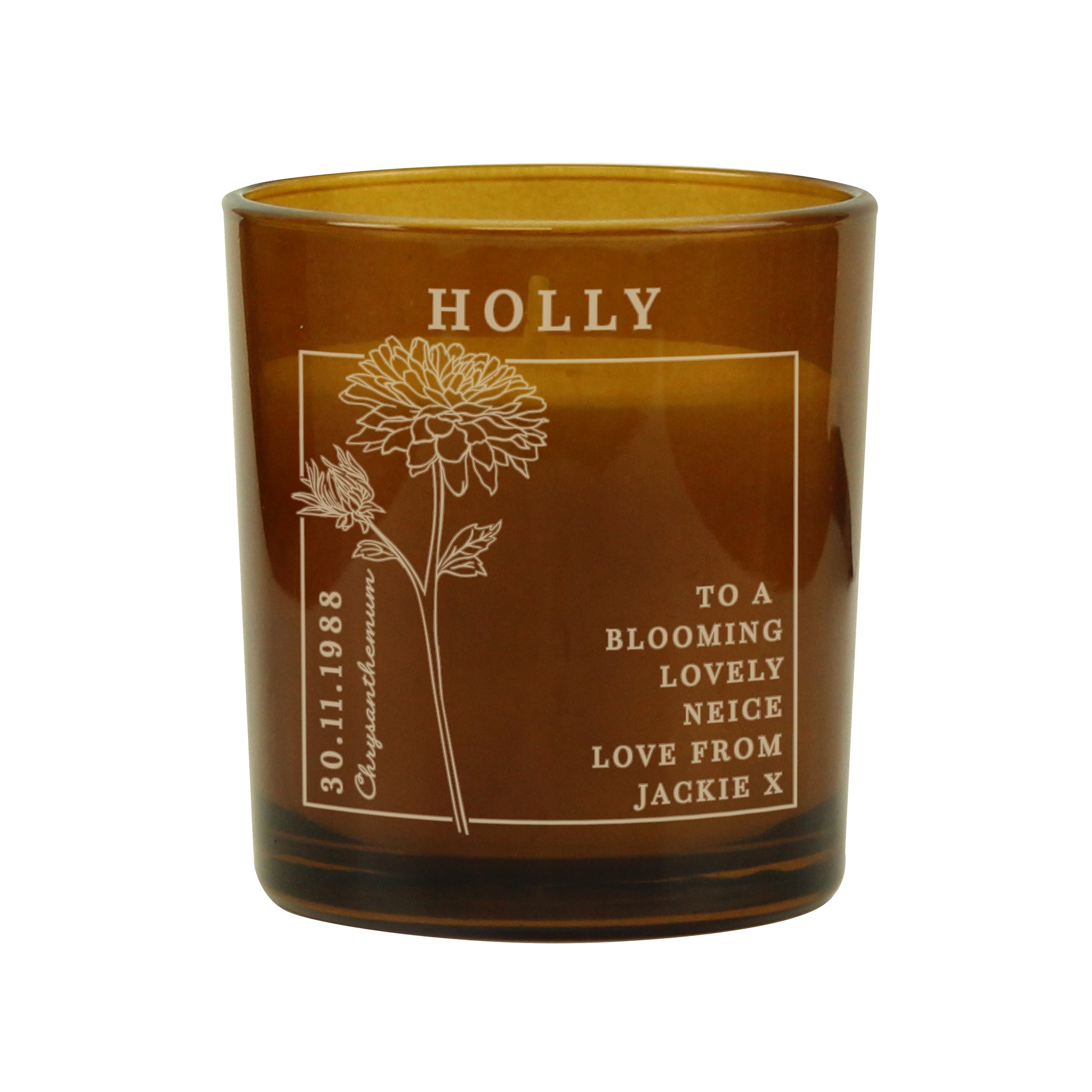 Personalised November Birth Flower Amber Glass Candle - MK&JD Gifts