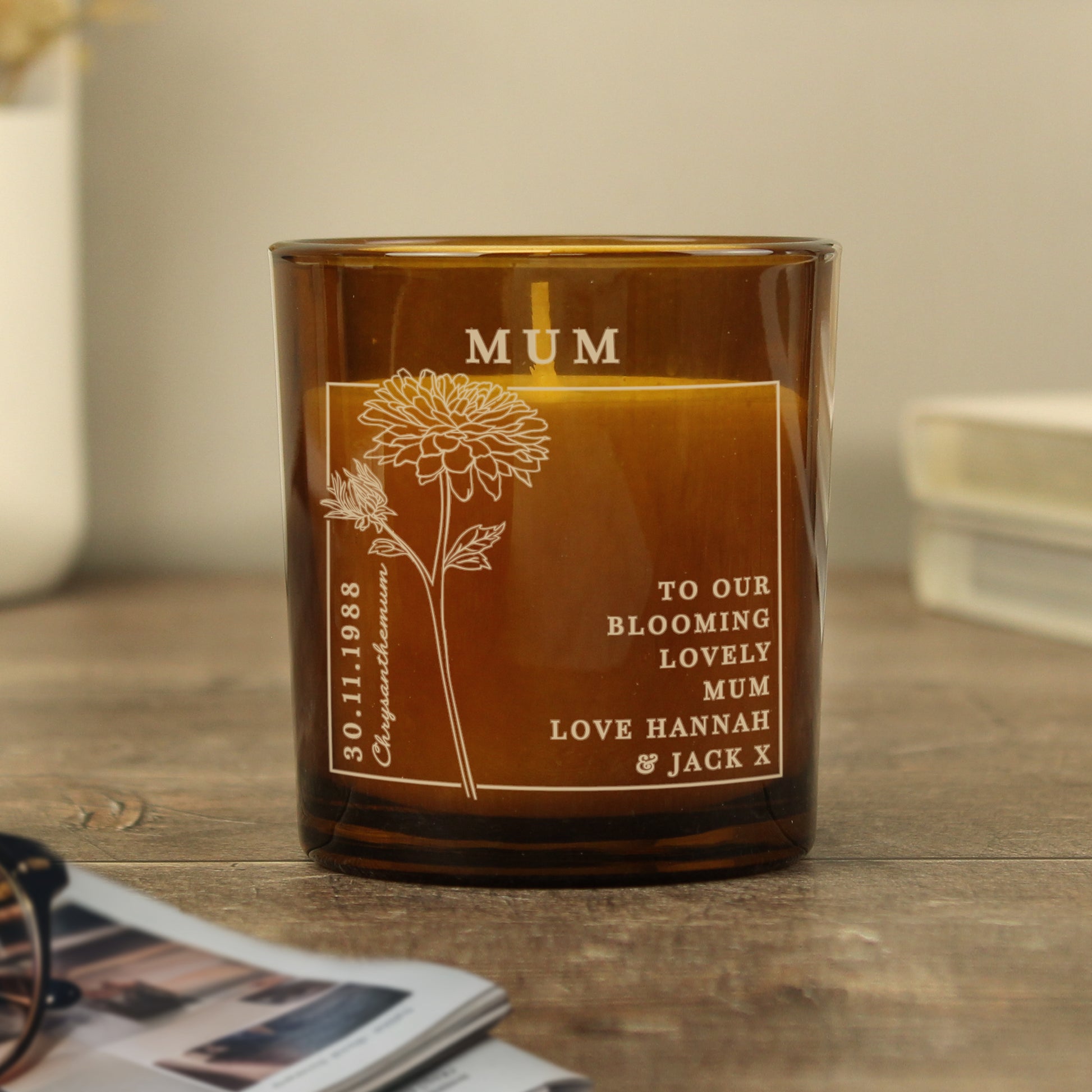 Personalised November Birth Flower Amber Glass Candle - MK&JD Gifts