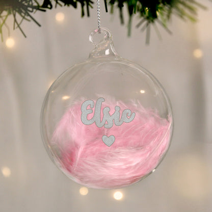 Personalised Pink Feather Silver Heart Glass Bauble - MK&JD Gifts