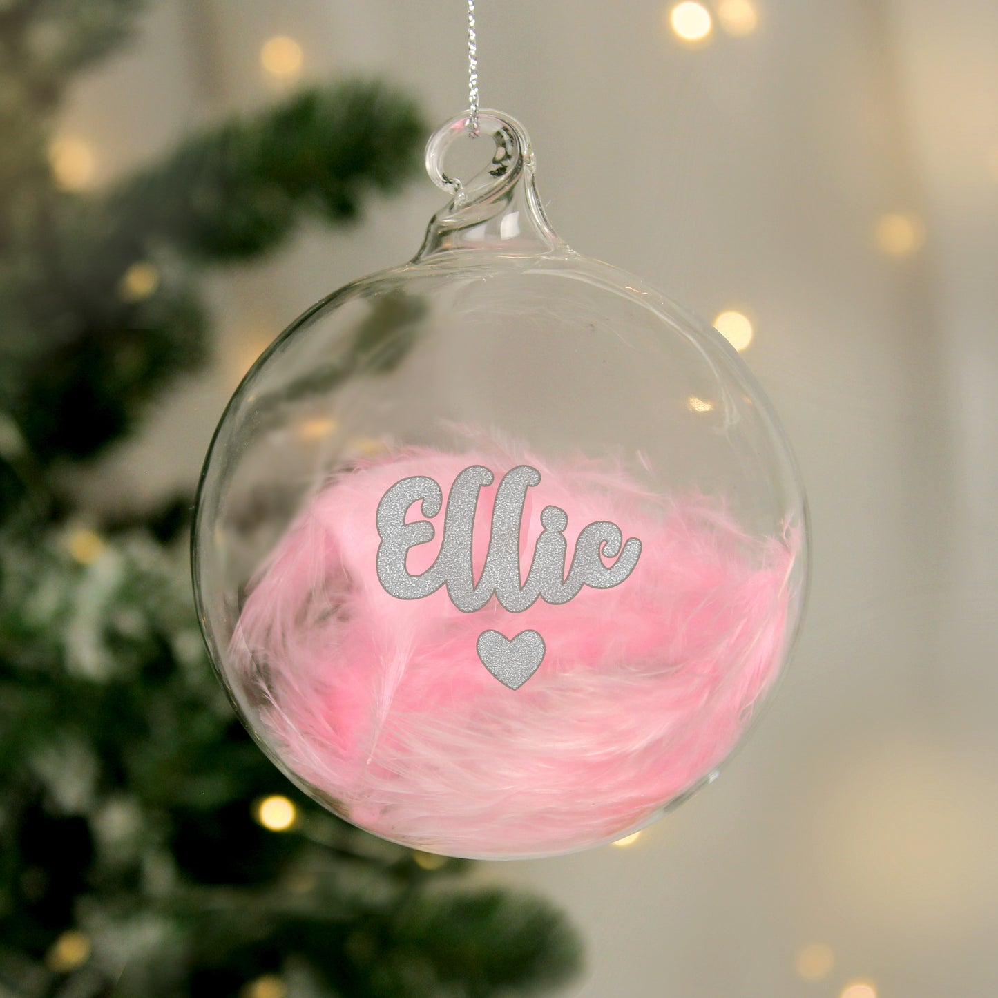 Personalised Pink Feather Silver Heart Glass Bauble - MK&JD Gifts