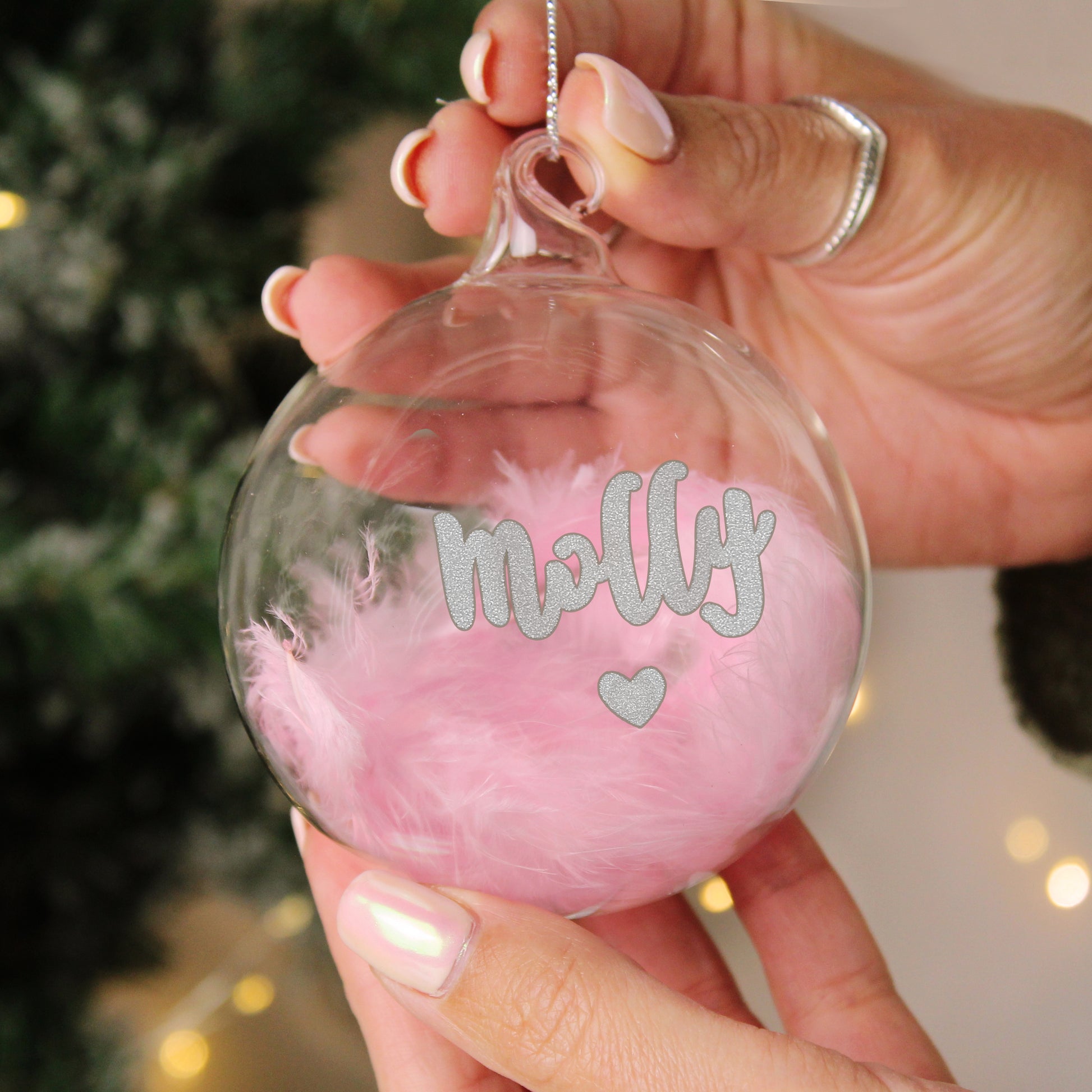 Personalised Pink Feather Silver Heart Glass Bauble - MK&JD Gifts