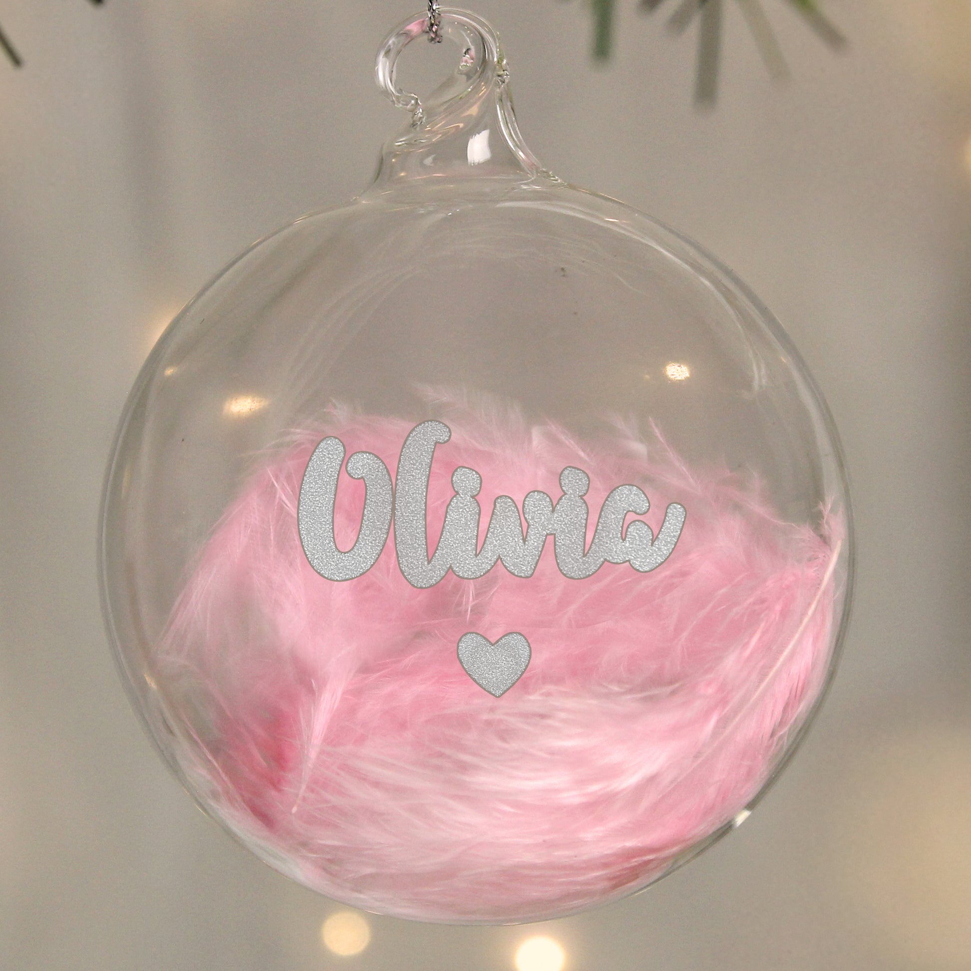 Personalised Pink Feather Silver Heart Glass Bauble - MK&JD Gifts