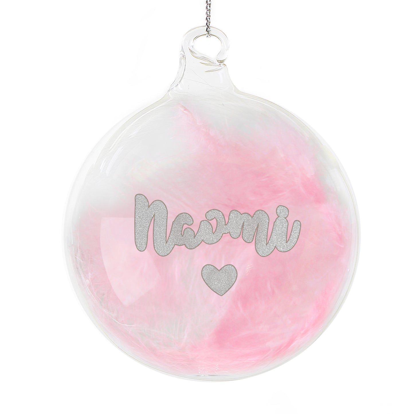 Personalised Pink Feather Silver Heart Glass Bauble - MK&JD Gifts