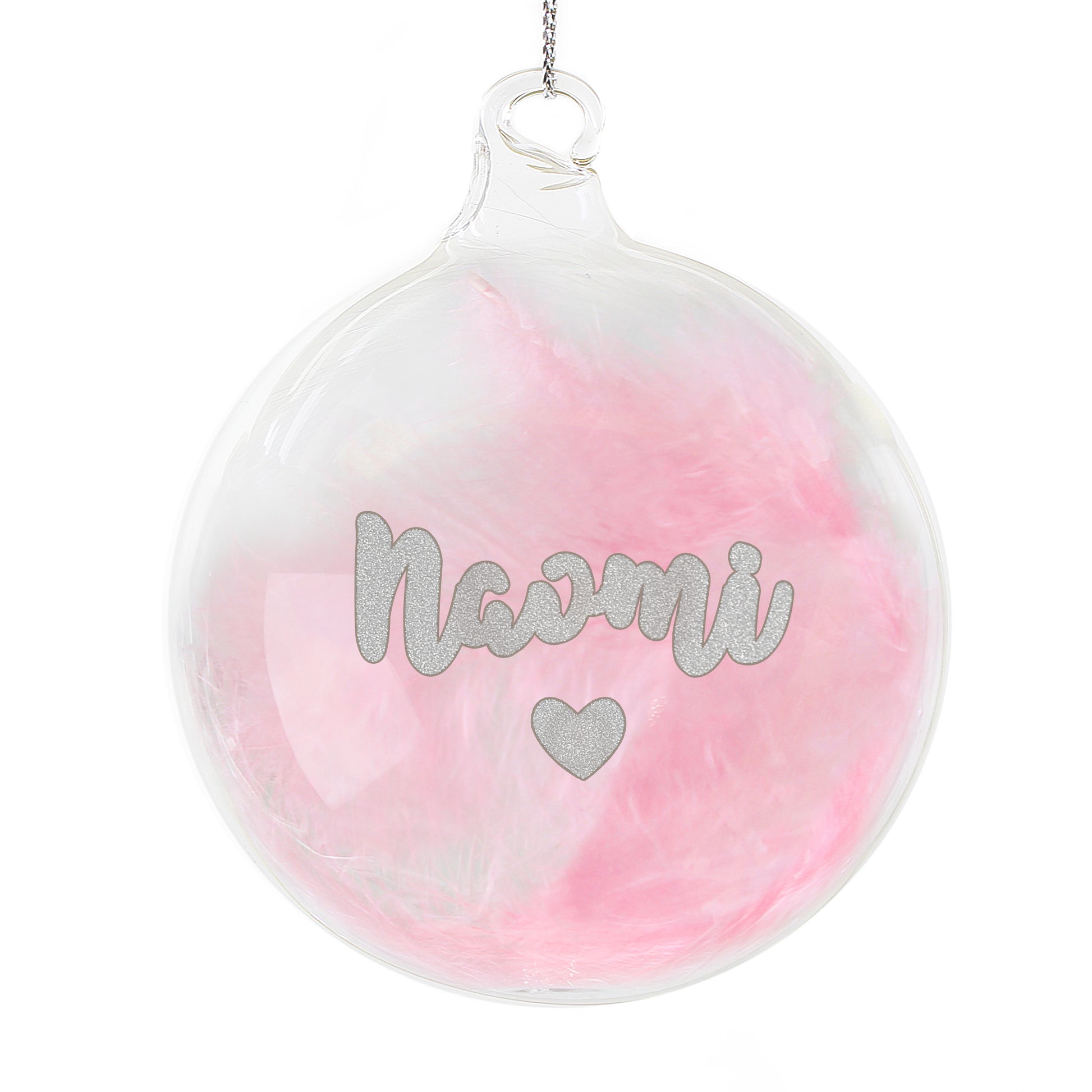 Personalised Pink Feather Silver Heart Glass Bauble - MK&JD Gifts
