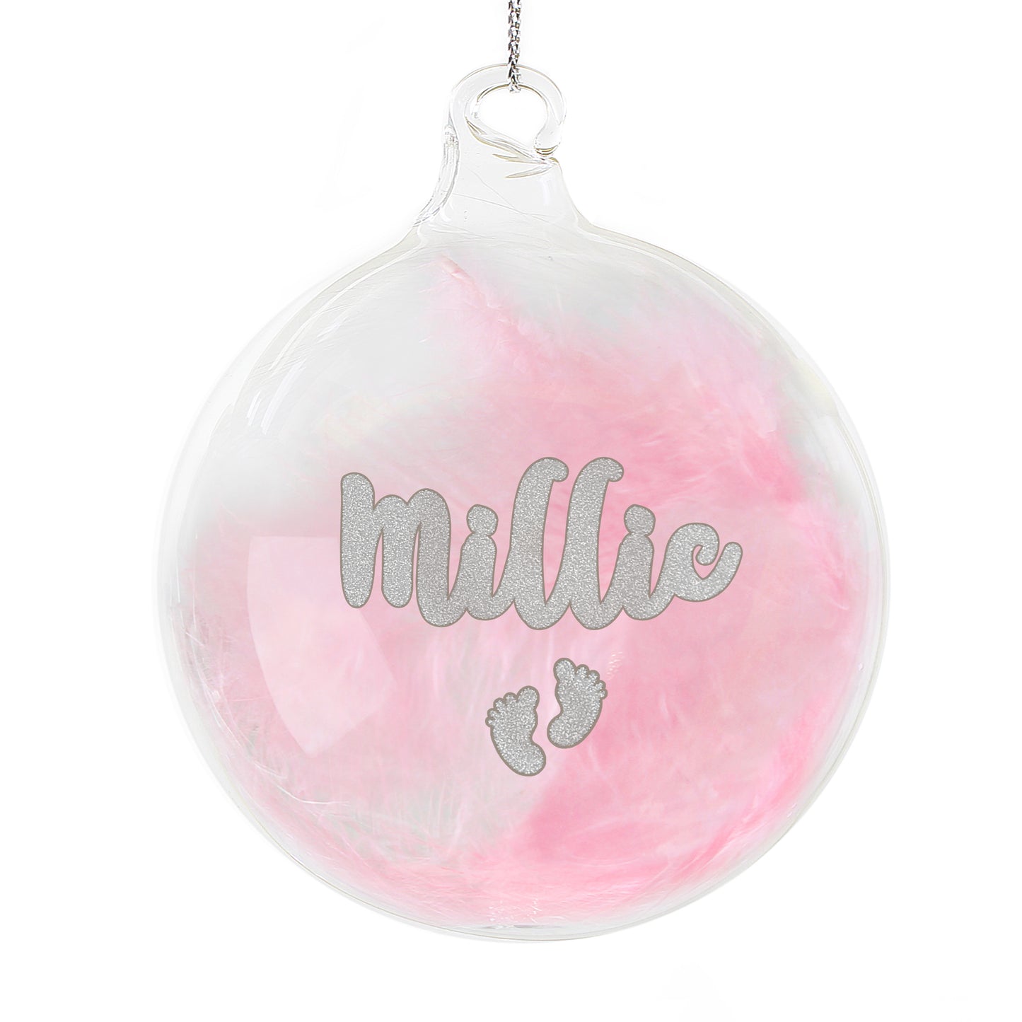 Personalised Pink Feather Silver Footprints Glass Bauble