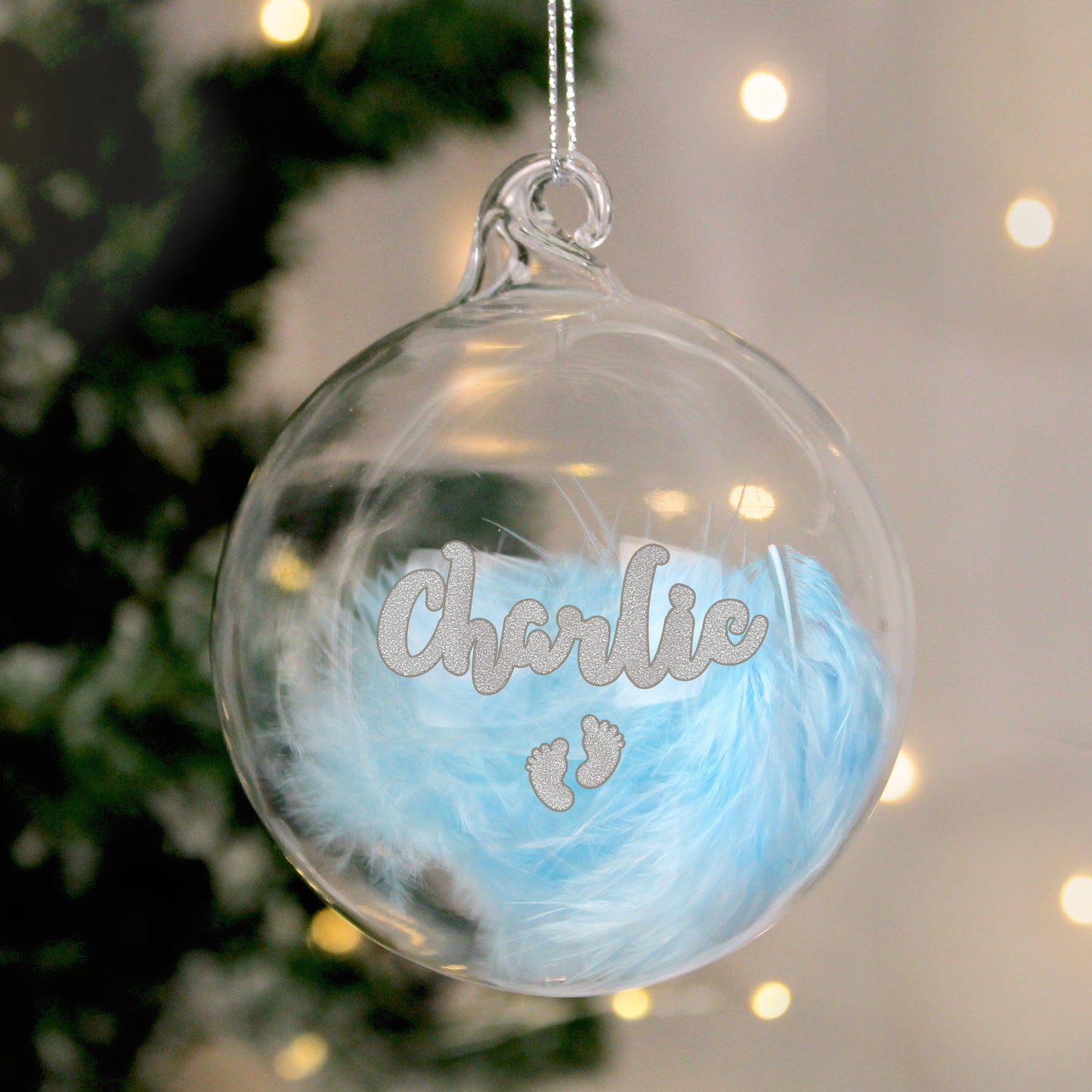 Personalised Blue Feather Silver Footprints Glass Bauble