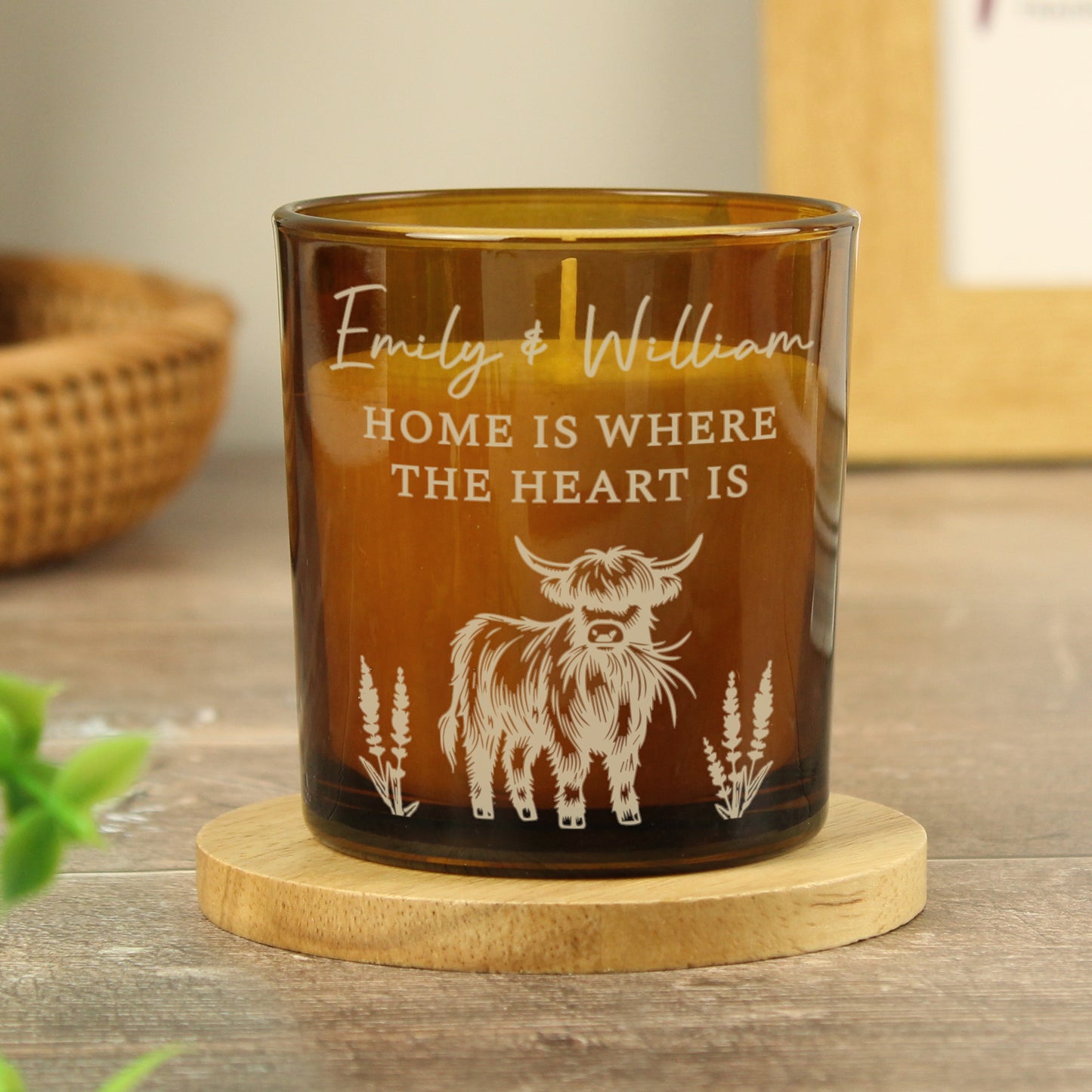 Personalised Engraved Highland Cow Amber Glass Candle - MK&JD Gifts
