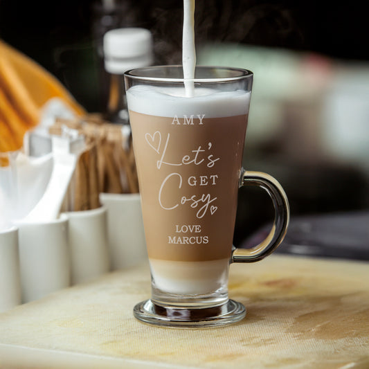 Personalised Get Cosy Latte Glass - MK&JD Gifts