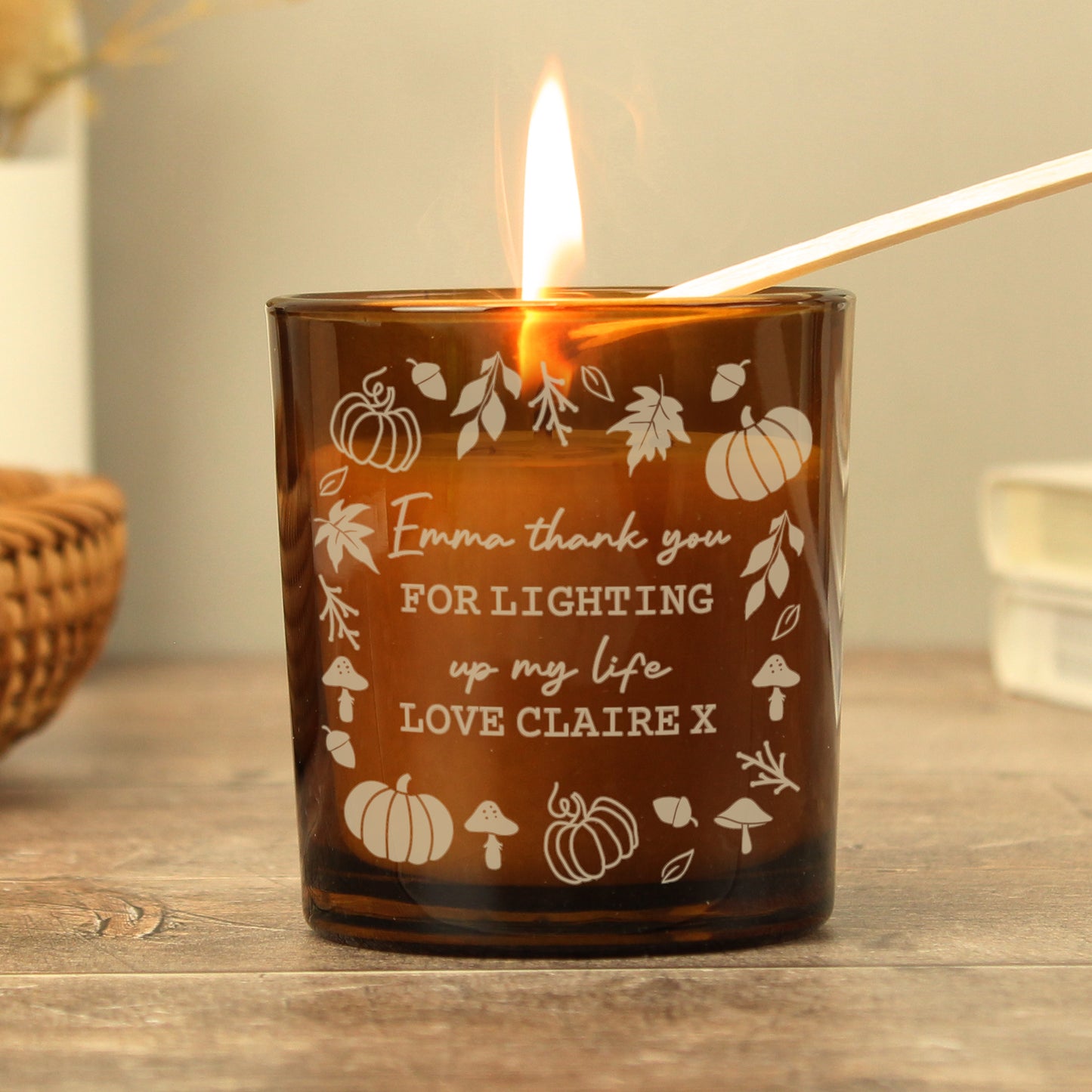 Personalised Pumpkins Amber Glass Candle - MK&JD Gifts