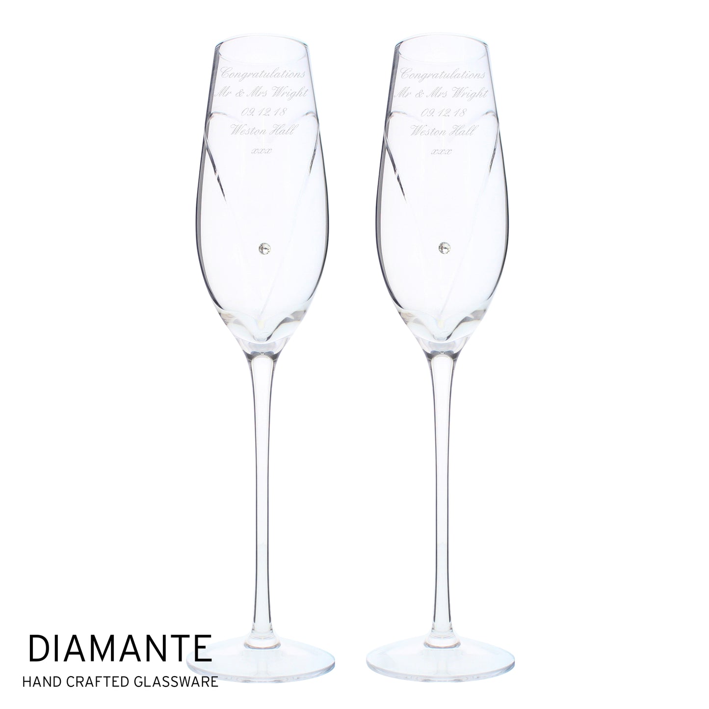 Personalised Hand Cut Heart Pair of Flutes with Gift Box - MK&JD Gifts