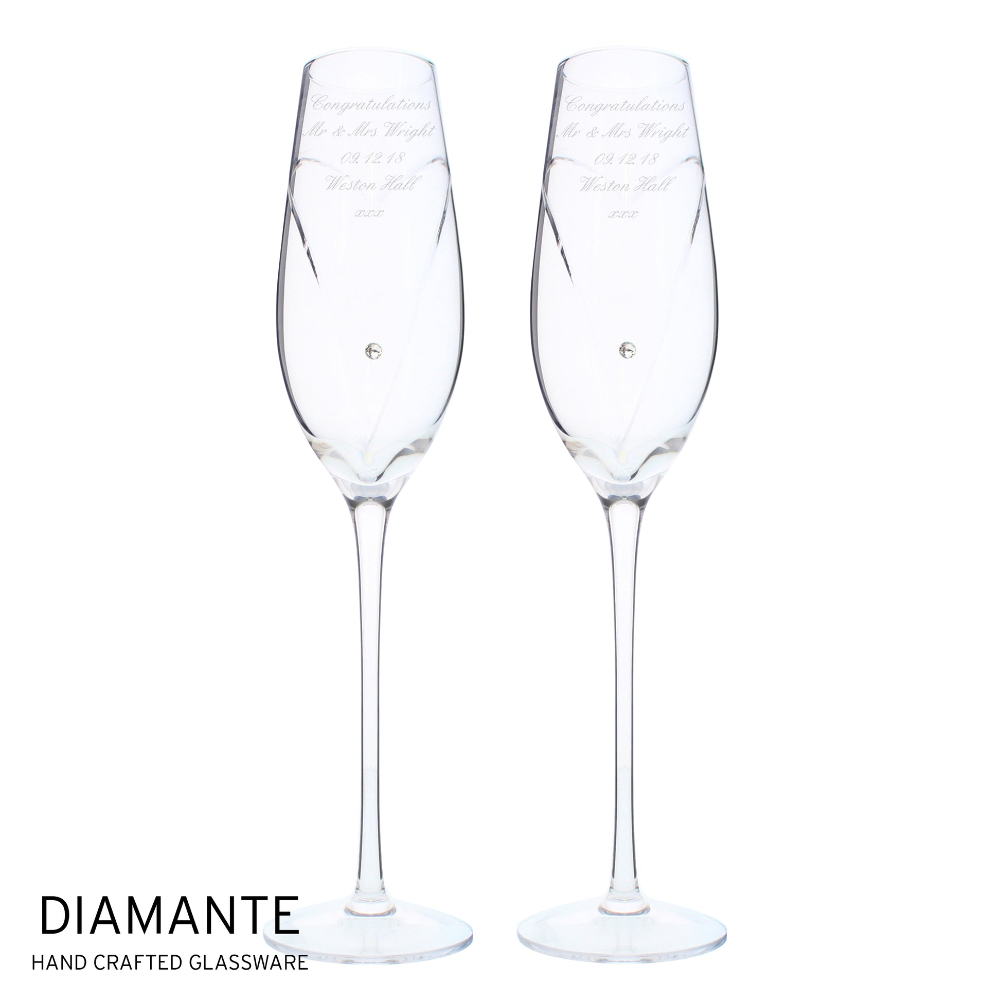 Personalised Hand Cut Heart Pair of Flutes with Gift Box - MK&JD Gifts
