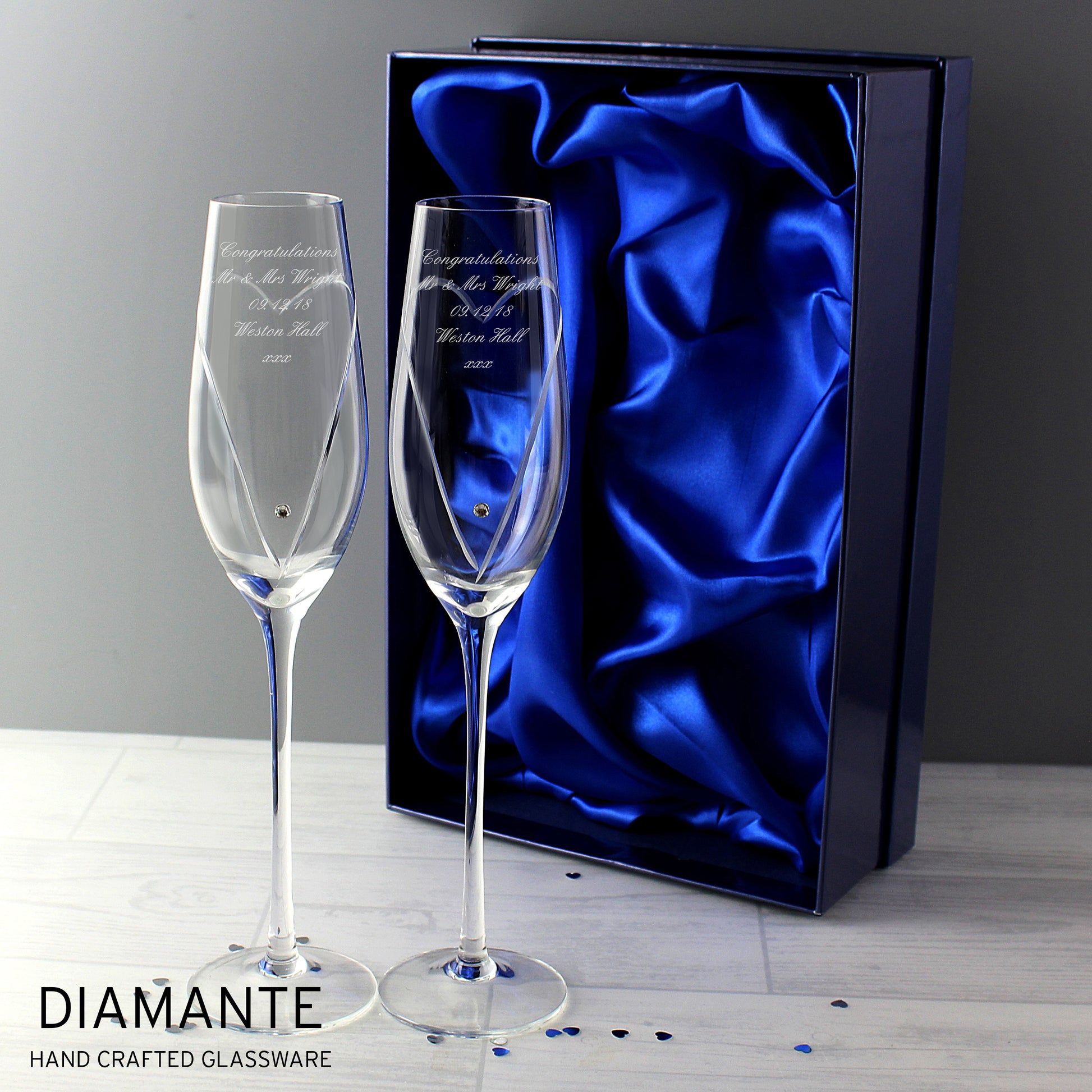 Personalised Hand Cut Heart Pair of Flutes with Gift Box - MK&JD Gifts