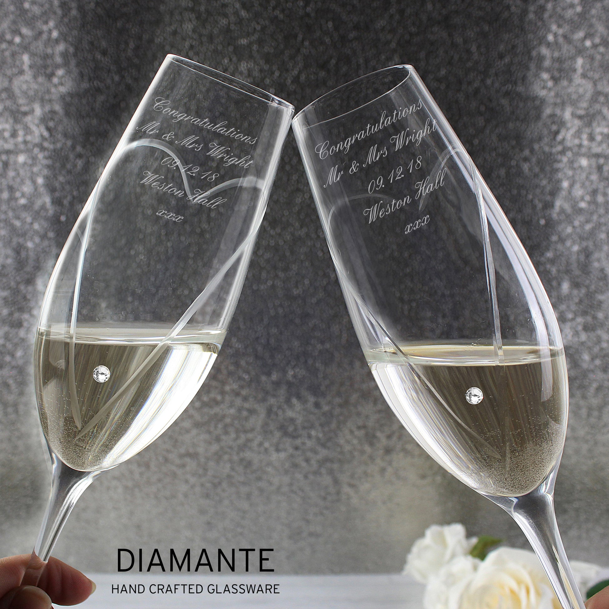 Personalised Hand Cut Heart Pair of Flutes with Gift Box - MK&JD Gifts