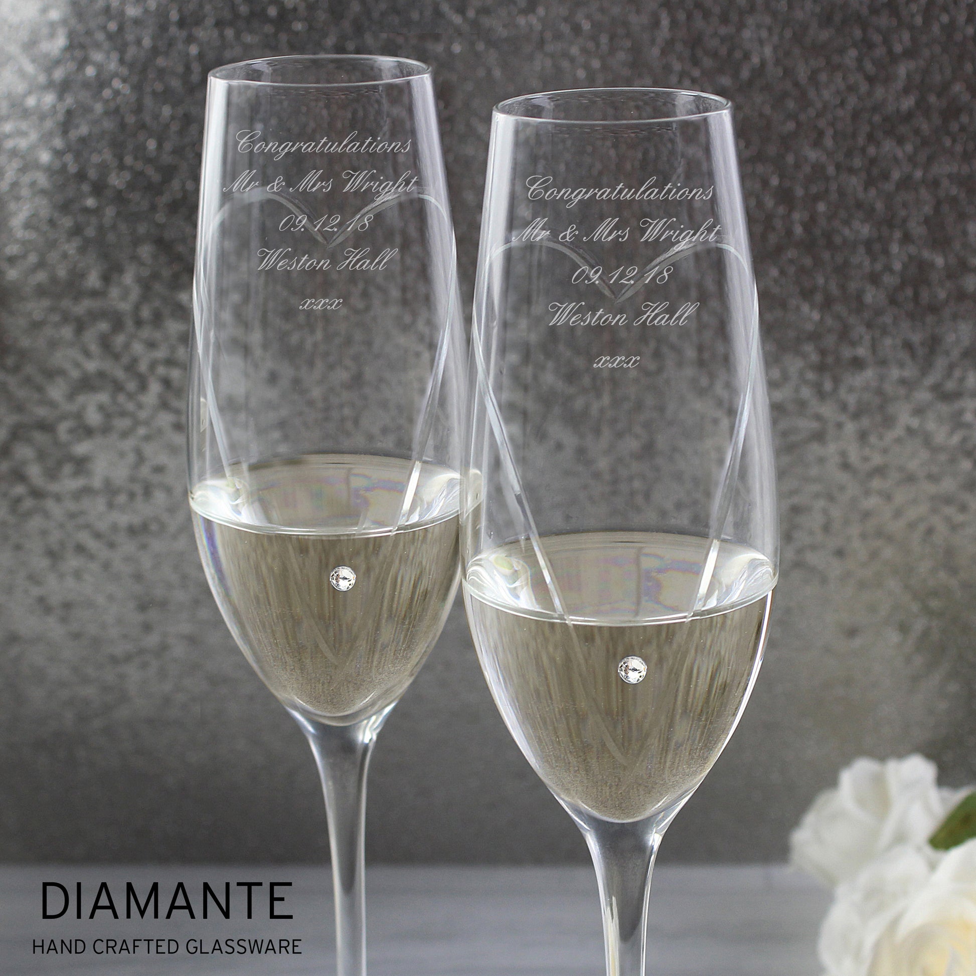 Personalised Hand Cut Heart Pair of Flutes with Gift Box - MK&JD Gifts