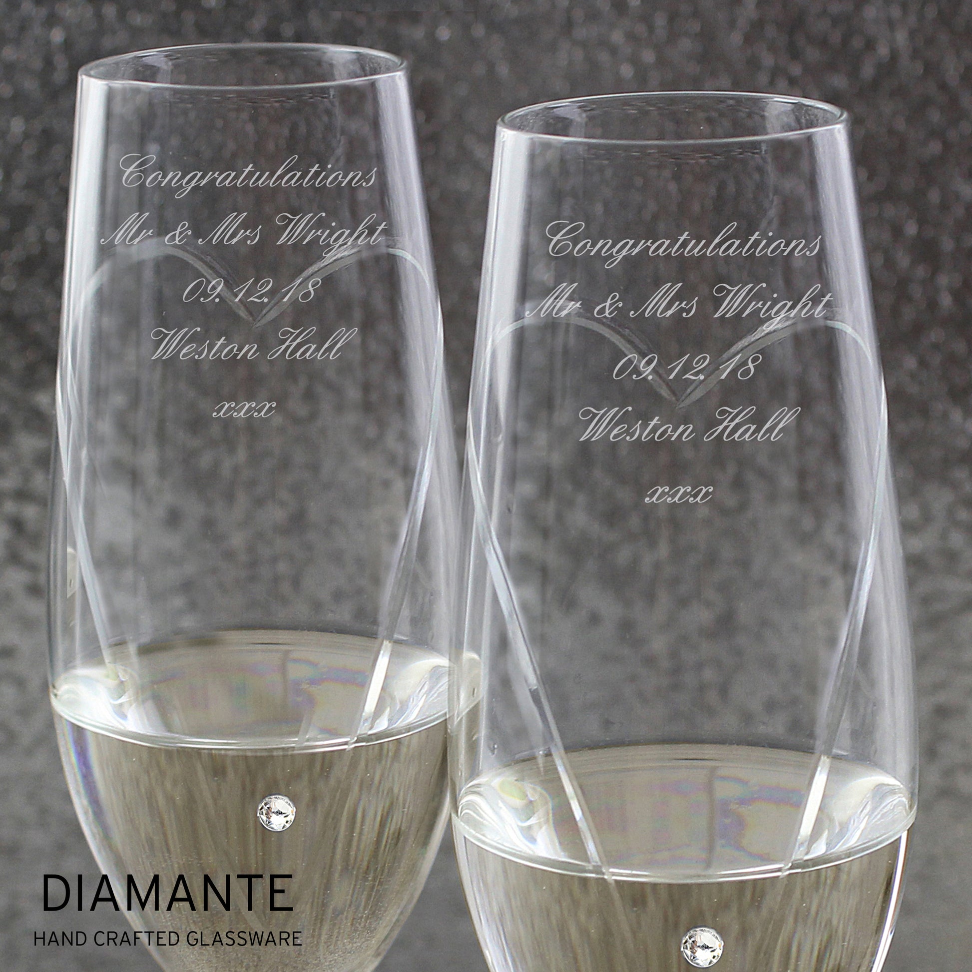 Personalised Hand Cut Heart Pair of Flutes with Gift Box - MK&JD Gifts