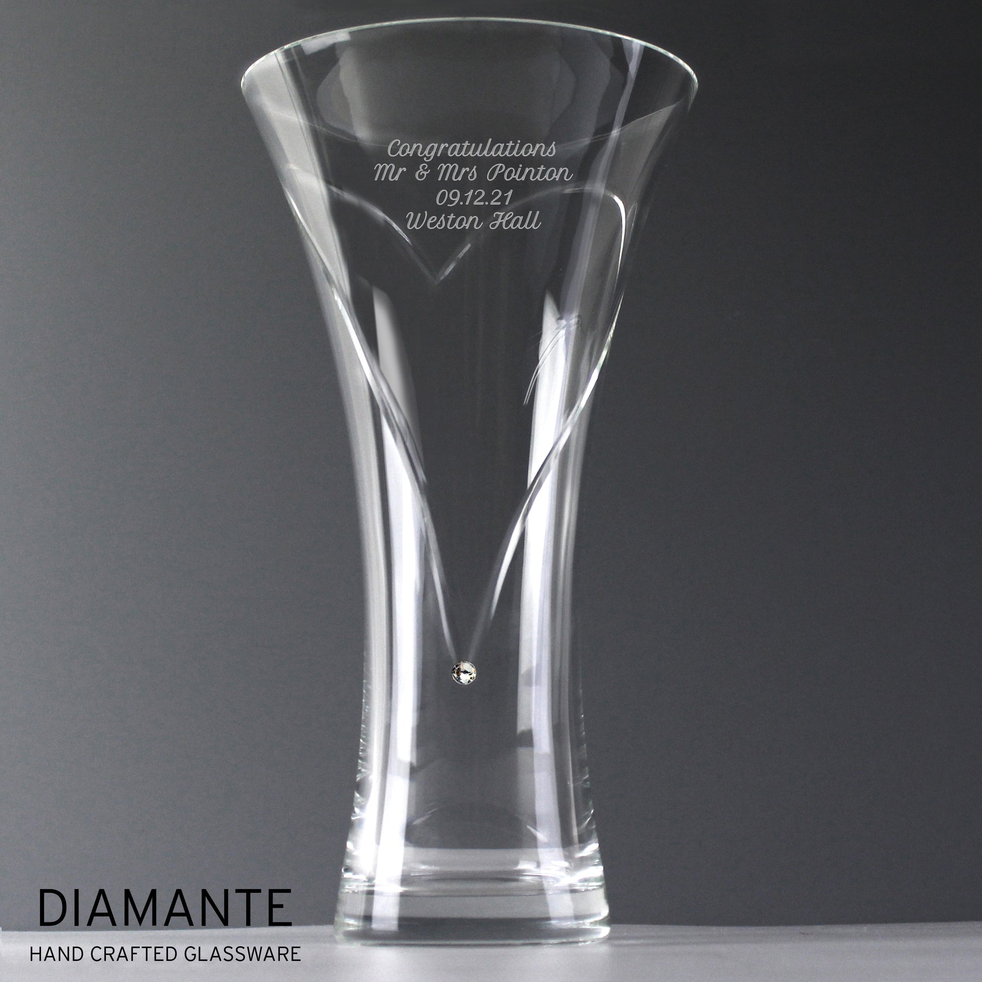 Personalised Large Hand Cut Diamante Heart Vase - MK&JD Gifts