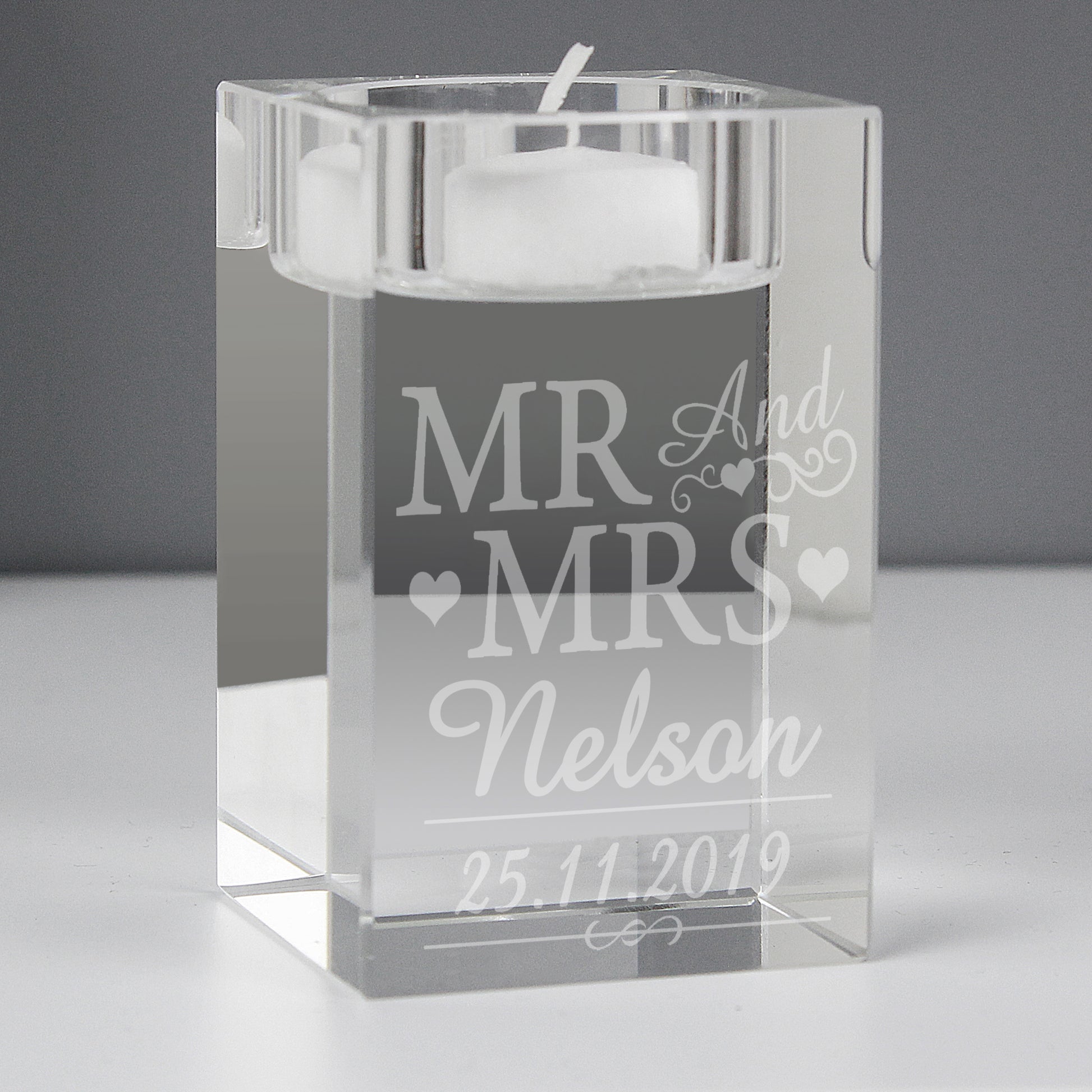 Personalised Mr & Mrs Glass Tea Light Candle Holder - MK&JD Gifts