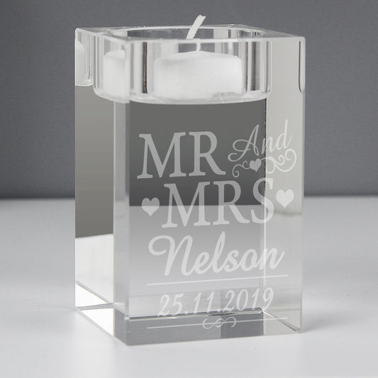 Personalised Mr & Mrs Glass Tea Light Candle Holder - MK&JD Gifts