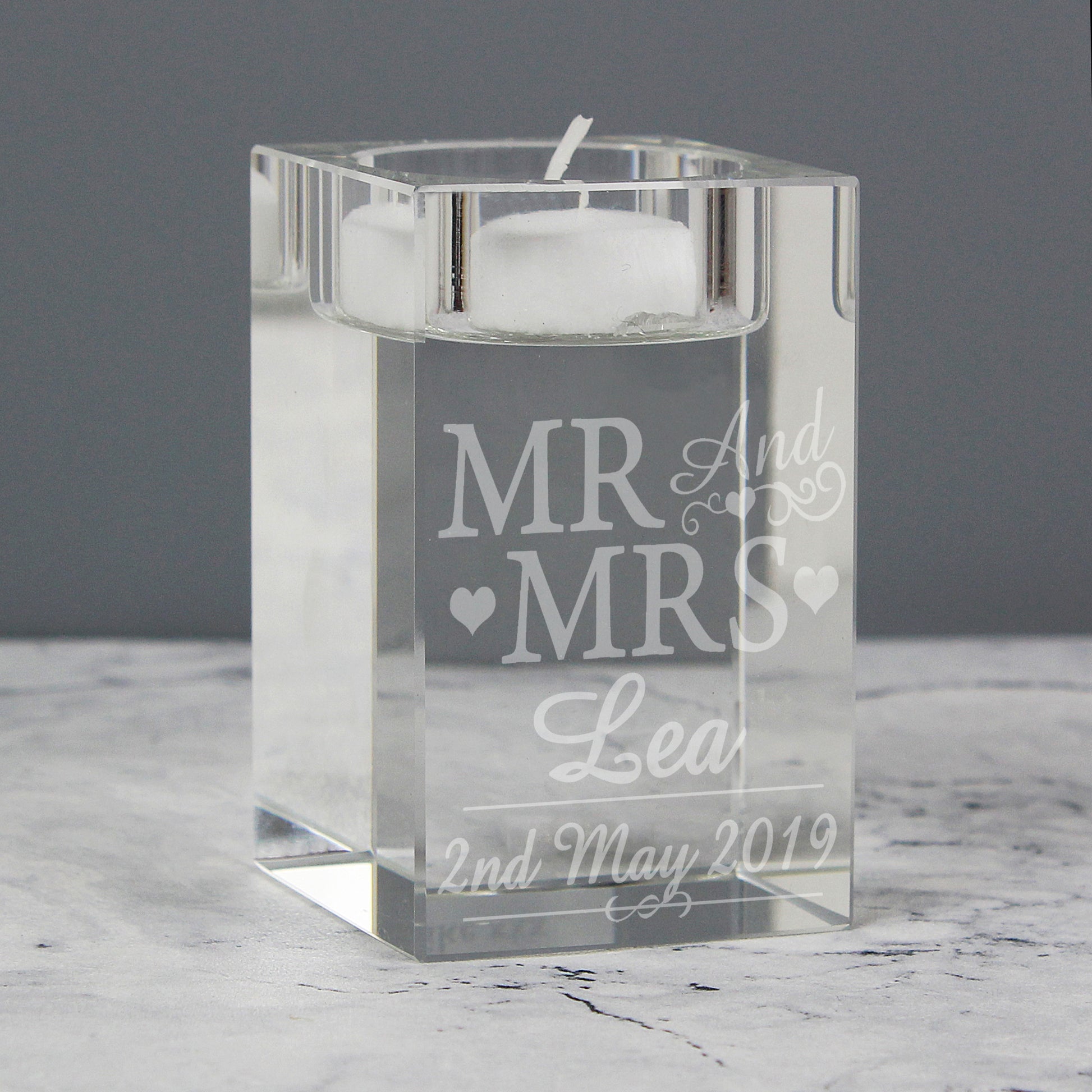 Personalised Mr & Mrs Glass Tea Light Candle Holder - MK&JD Gifts