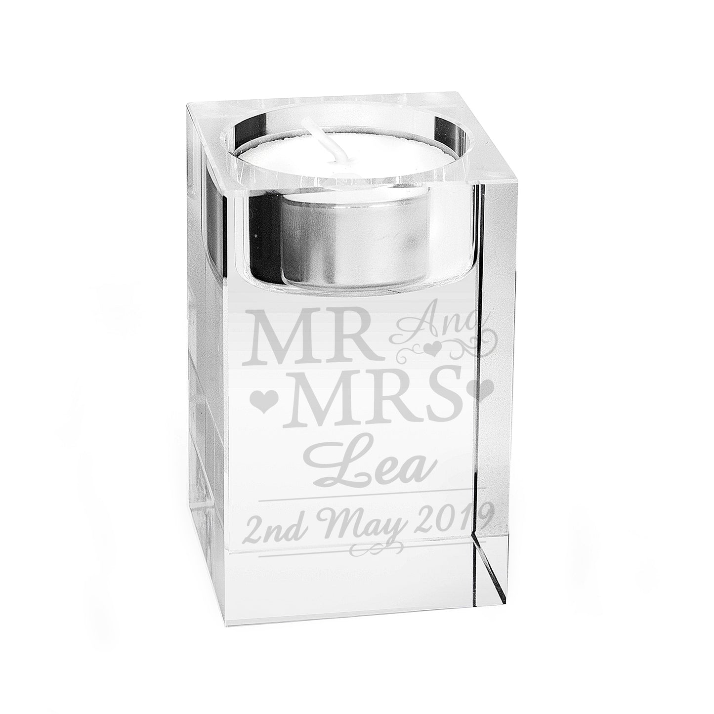 Personalised Mr & Mrs Glass Tea Light Candle Holder - MK&JD Gifts