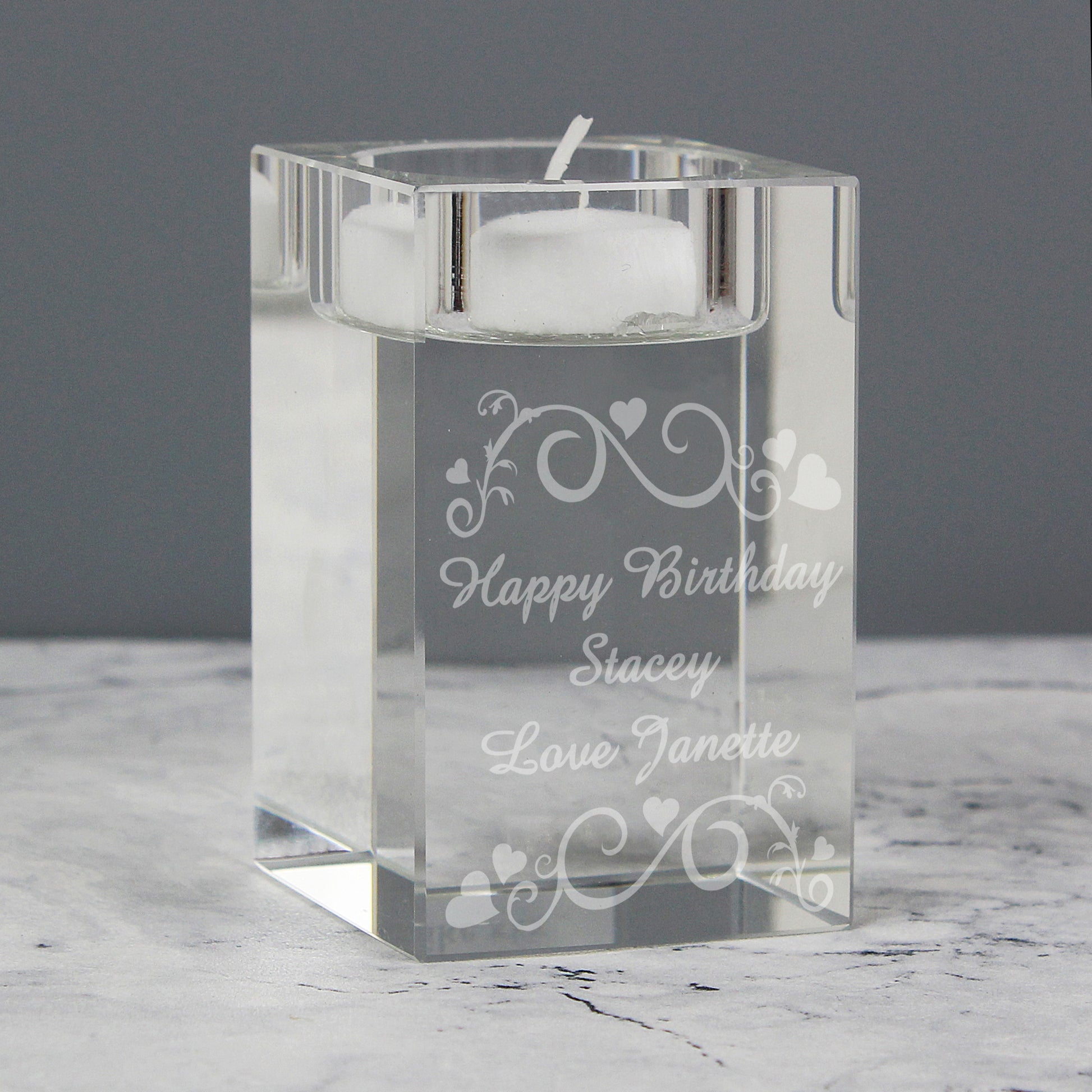 Personalised Ornate Swirl Glass Tea Light Candle Holder - MK&JD Gifts