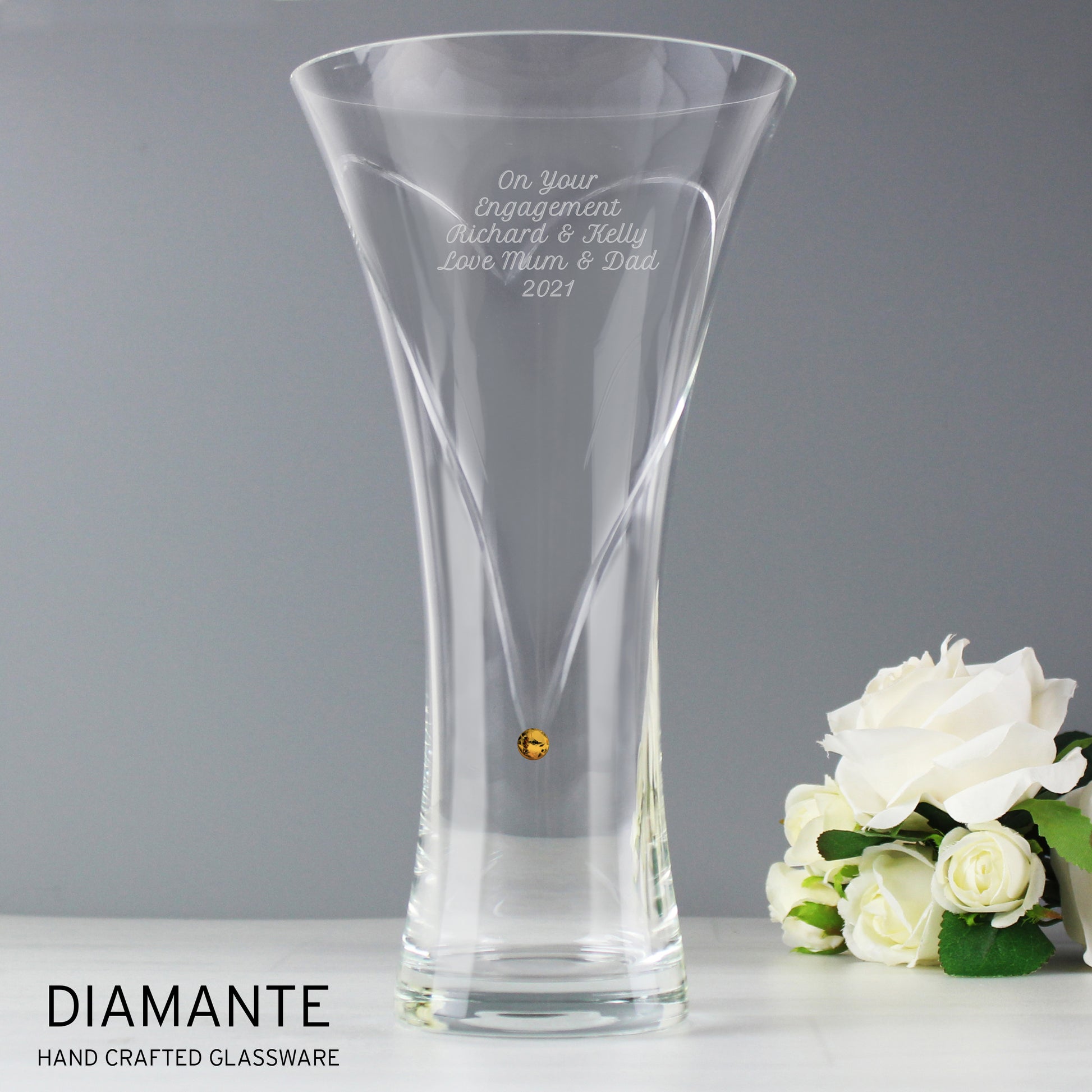 Personalised Large Hand Cut Gold Diamante Heart Vase - MK&JD Gifts