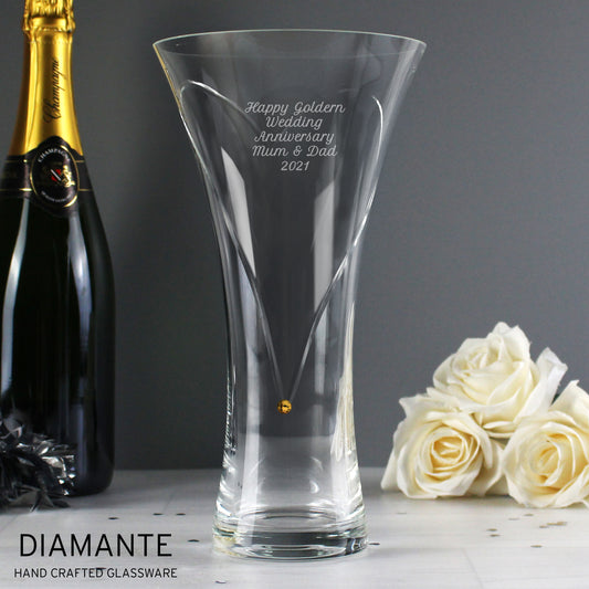 Personalised Large Hand Cut Gold Diamante Heart Vase - MK&JD Gifts