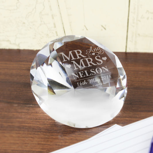 Personalised Mr & Mrs Diamond Paperweight - MK&JD Gifts